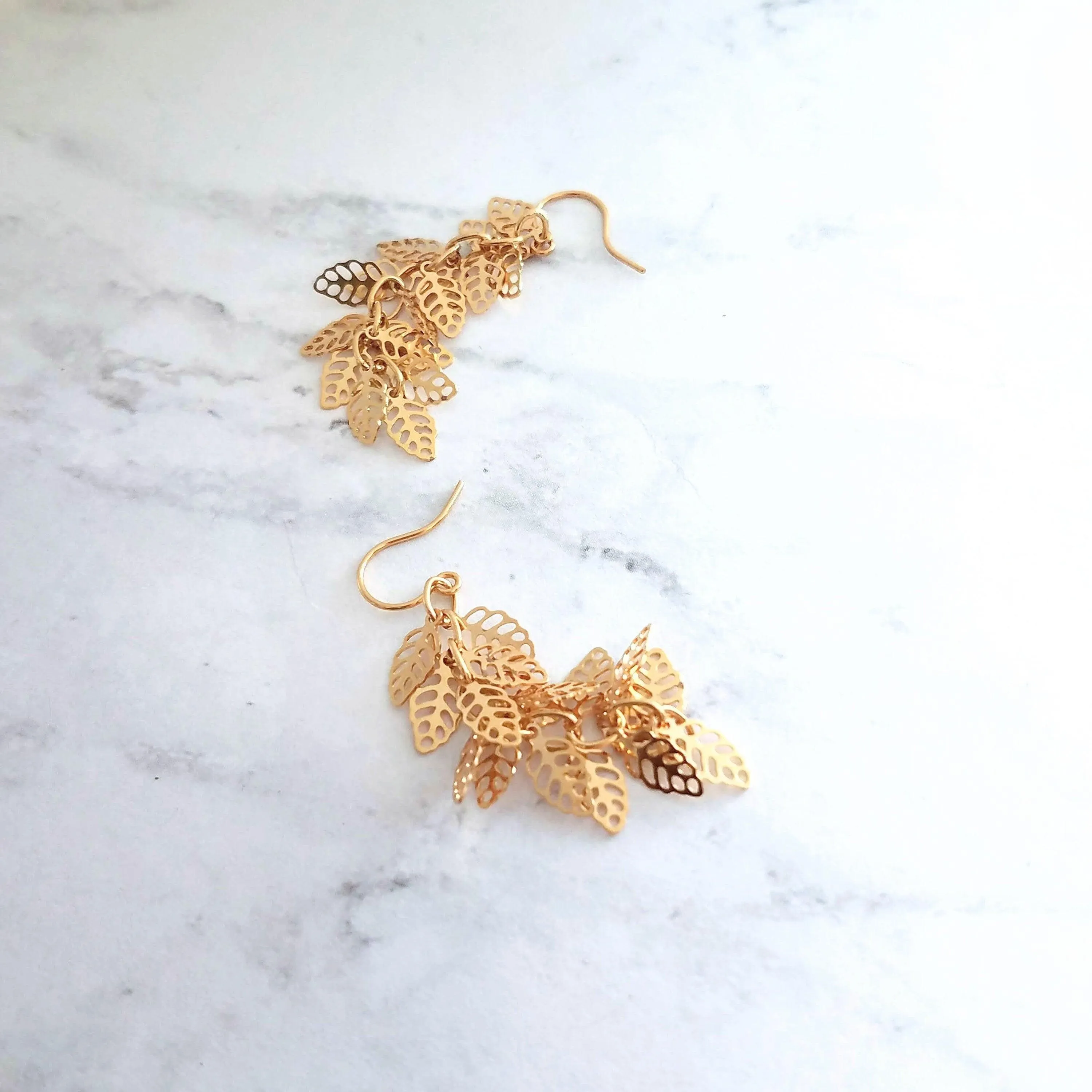 Shaggy Leaf Earrings - long thin gold cascade fringe of small little tiny staggered filigree leaves on simple dainty delicate hooks
