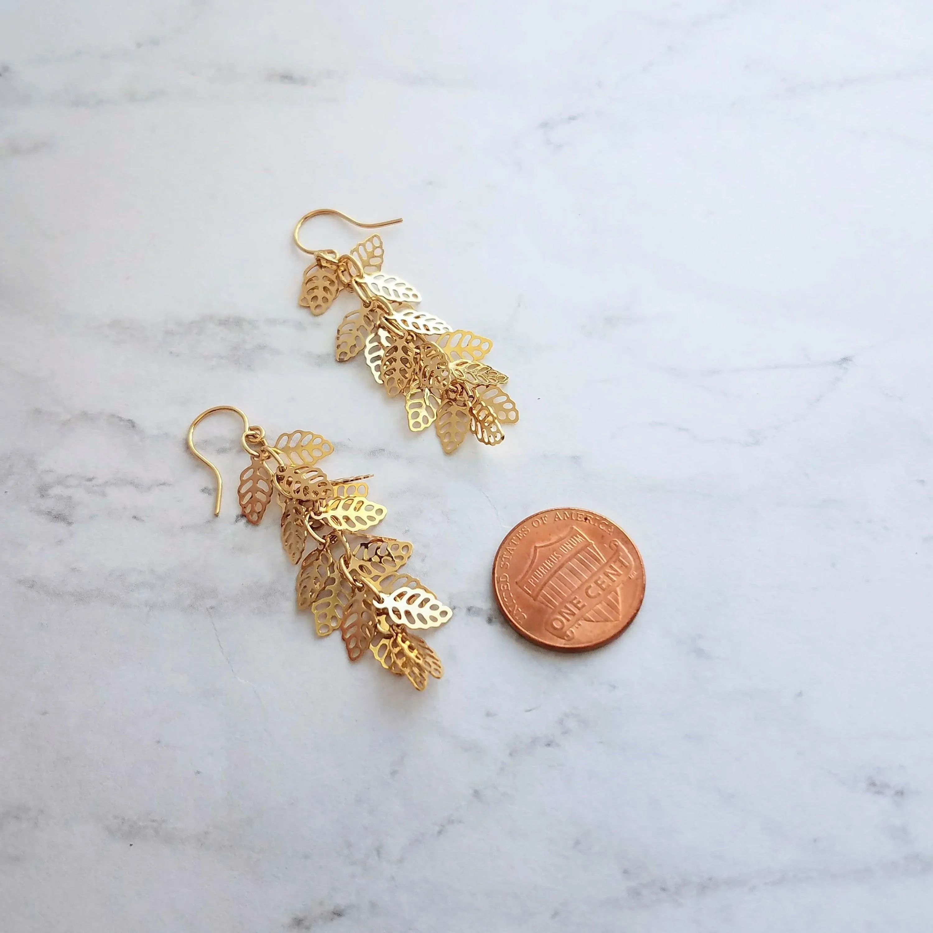 Shaggy Leaf Earrings - long thin gold cascade fringe of small little tiny staggered filigree leaves on simple dainty delicate hooks