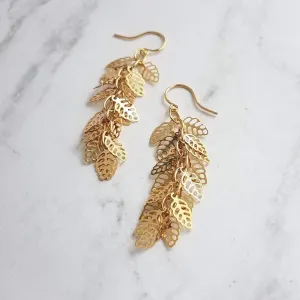 Shaggy Leaf Earrings - long thin gold cascade fringe of small little tiny staggered filigree leaves on simple dainty delicate hooks