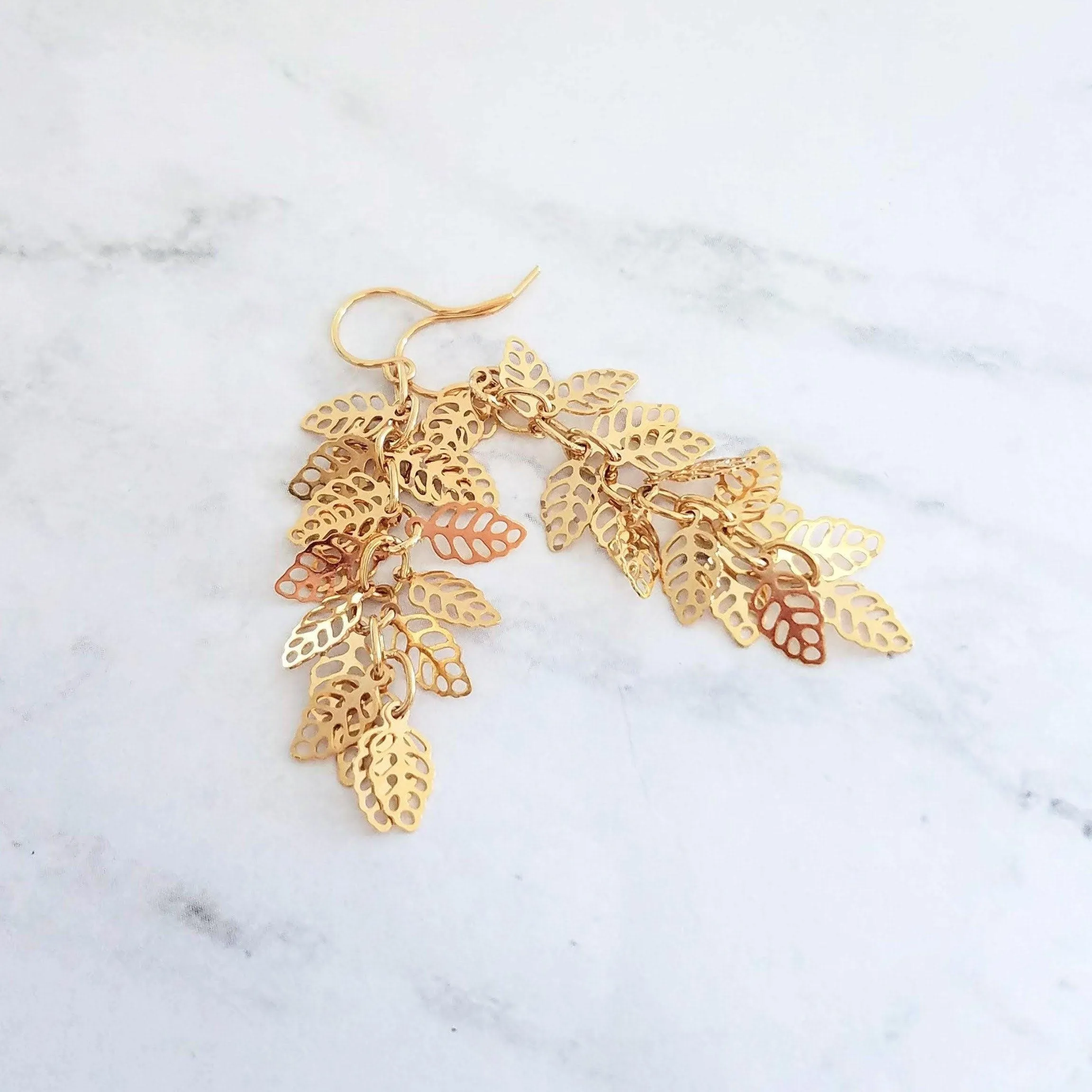 Shaggy Leaf Earrings - long thin gold cascade fringe of small little tiny staggered filigree leaves on simple dainty delicate hooks