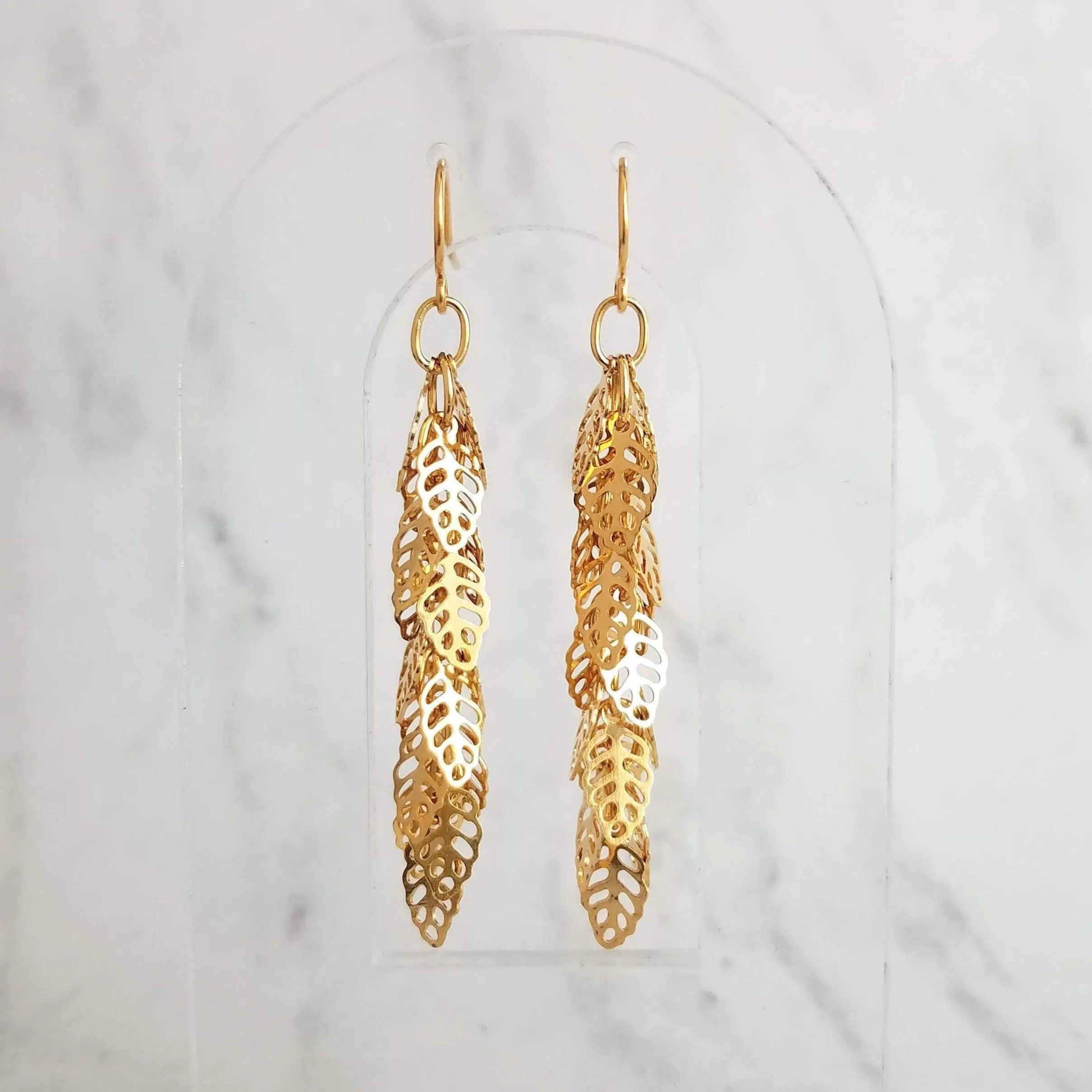 Shaggy Leaf Earrings - long thin gold cascade fringe of small little tiny staggered filigree leaves on simple dainty delicate hooks