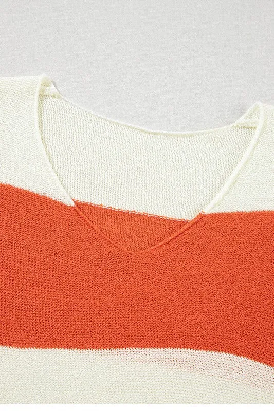 SHEWIN Colorblock V Neck Side Slits Sweater