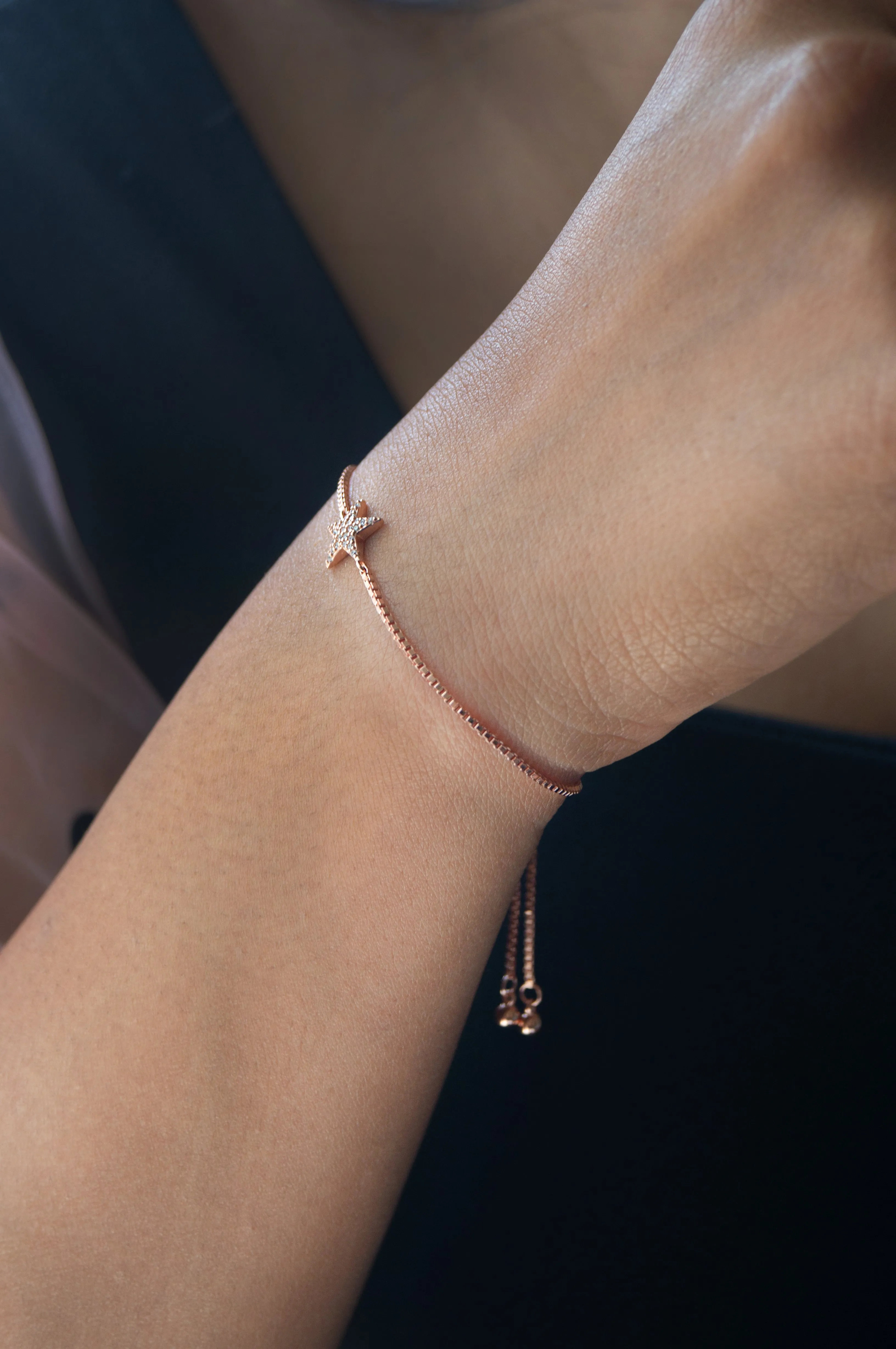 Shinning Star Rose Gold Plated Sterling Silver Pull Chain Bracelet