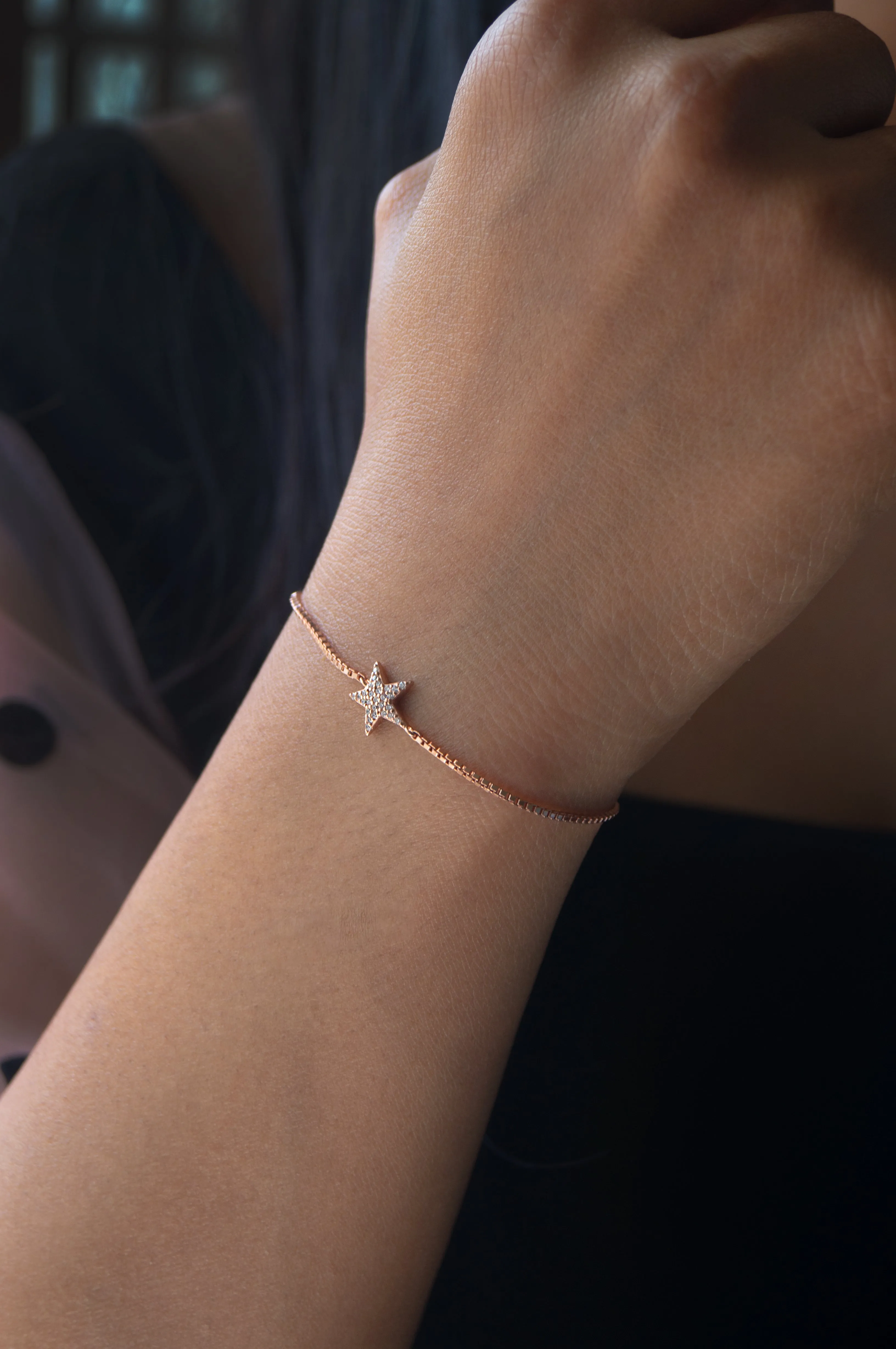 Shinning Star Rose Gold Plated Sterling Silver Pull Chain Bracelet
