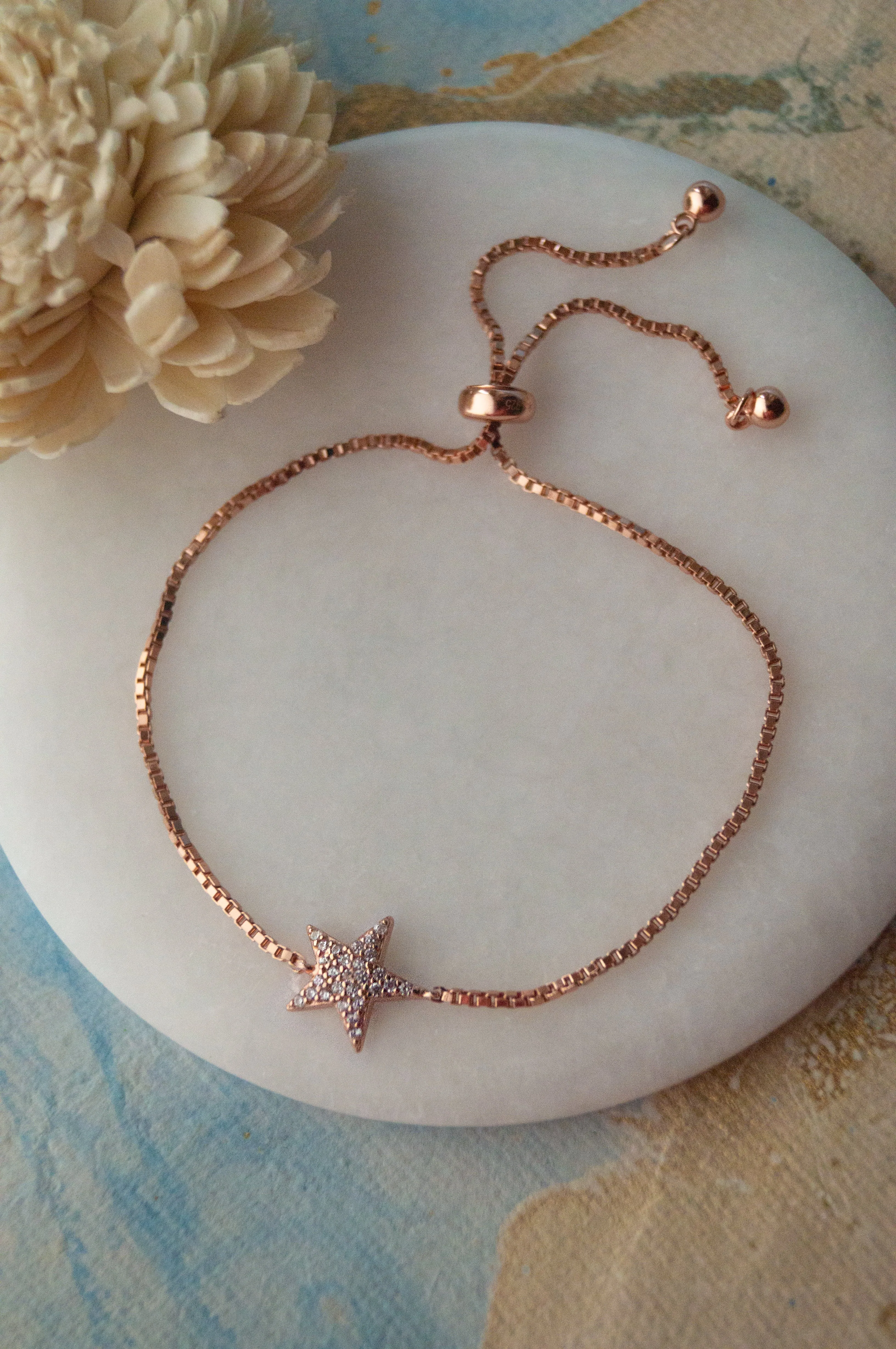 Shinning Star Rose Gold Plated Sterling Silver Pull Chain Bracelet