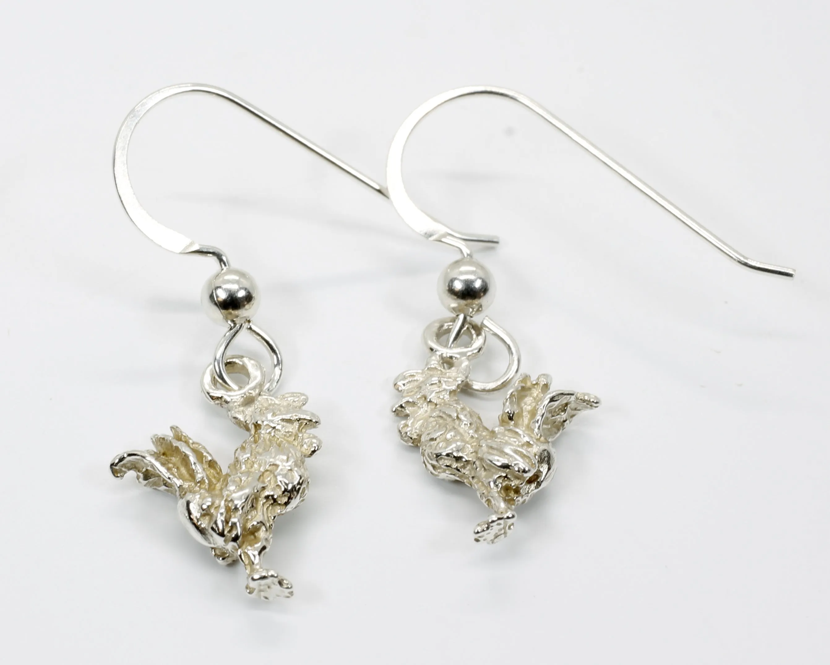 Silver Rooster Earrings with tiny solid 925 Sterling Silver roosters
