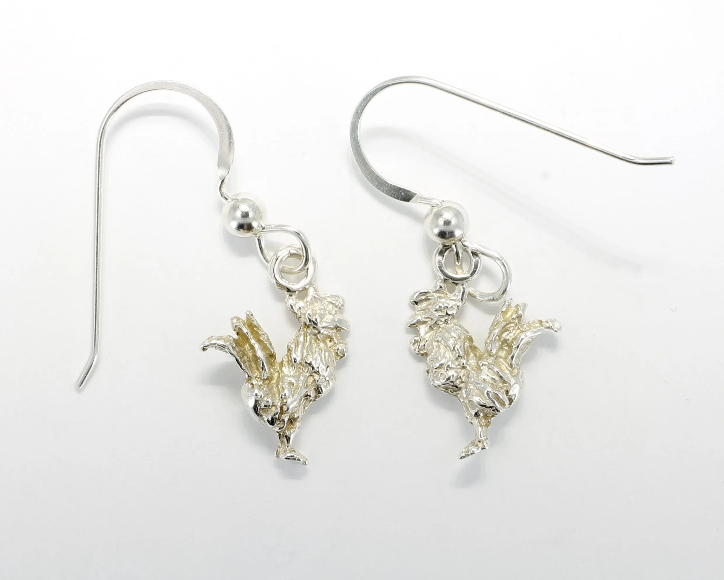 Silver Rooster Earrings with tiny solid 925 Sterling Silver roosters