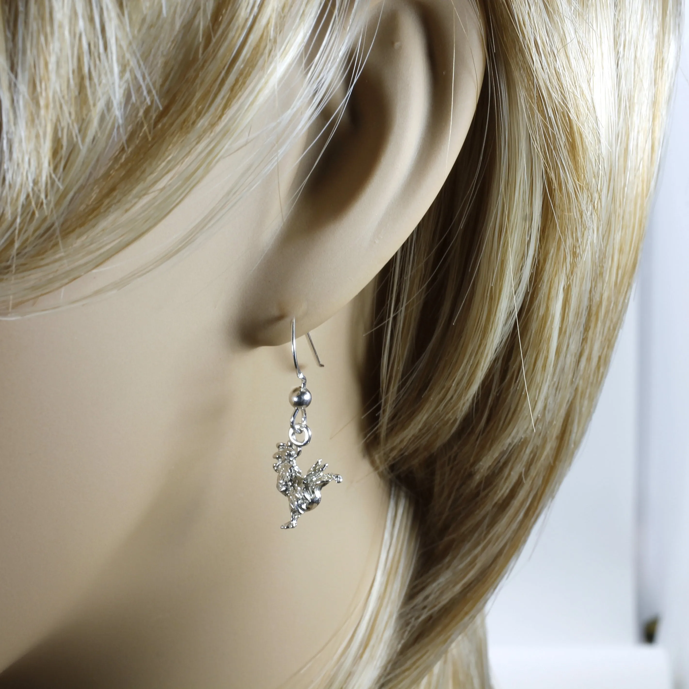 Silver Rooster Earrings with tiny solid 925 Sterling Silver roosters