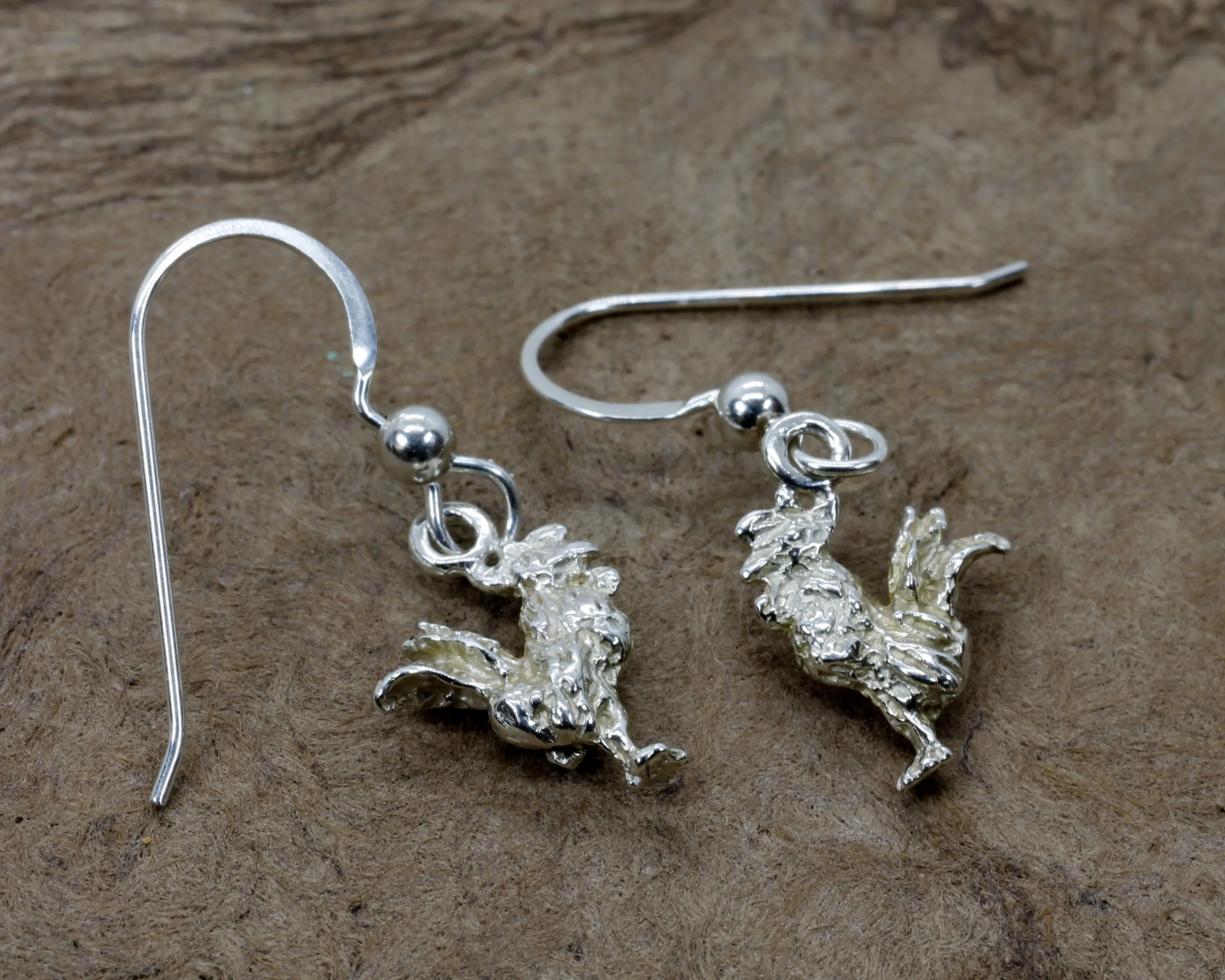 Silver Rooster Earrings with tiny solid 925 Sterling Silver roosters