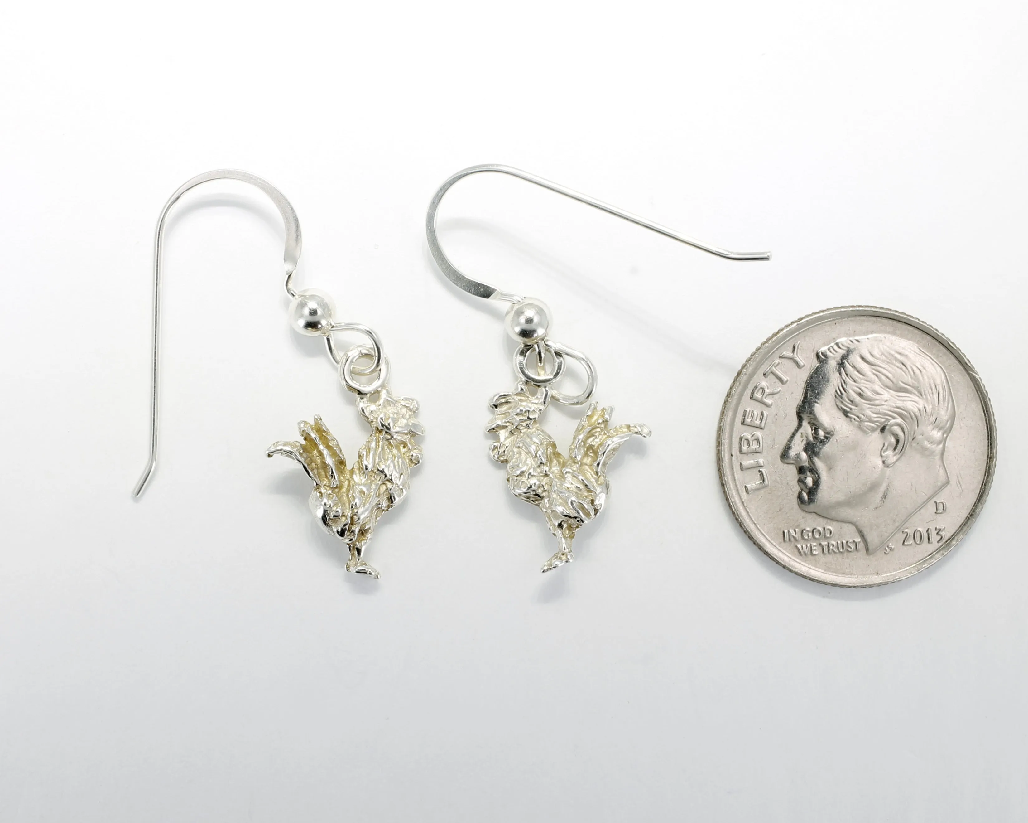 Silver Rooster Earrings with tiny solid 925 Sterling Silver roosters