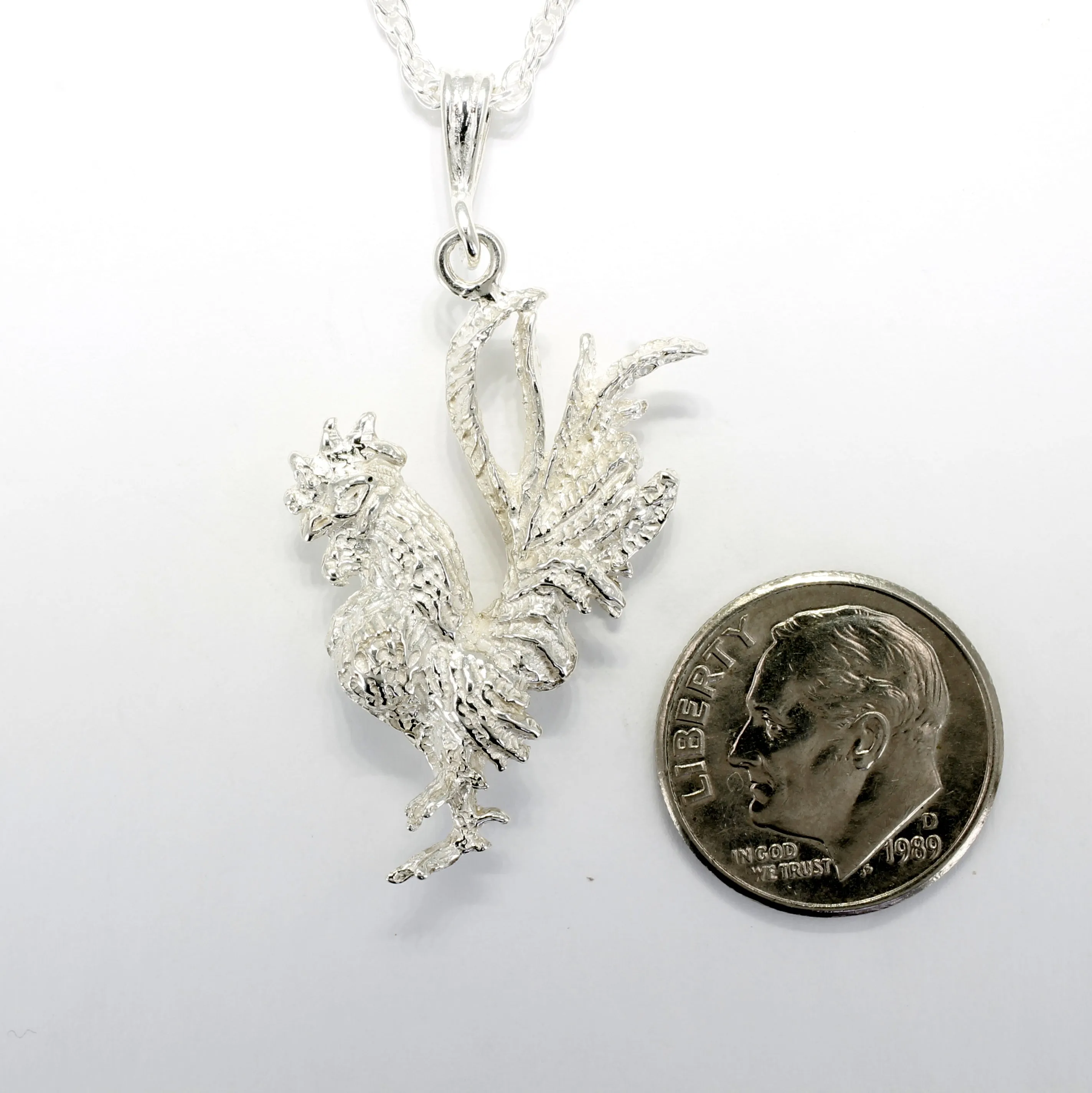 Silver Rooster Necklace with large three dimensional 925 sterling silver rooster