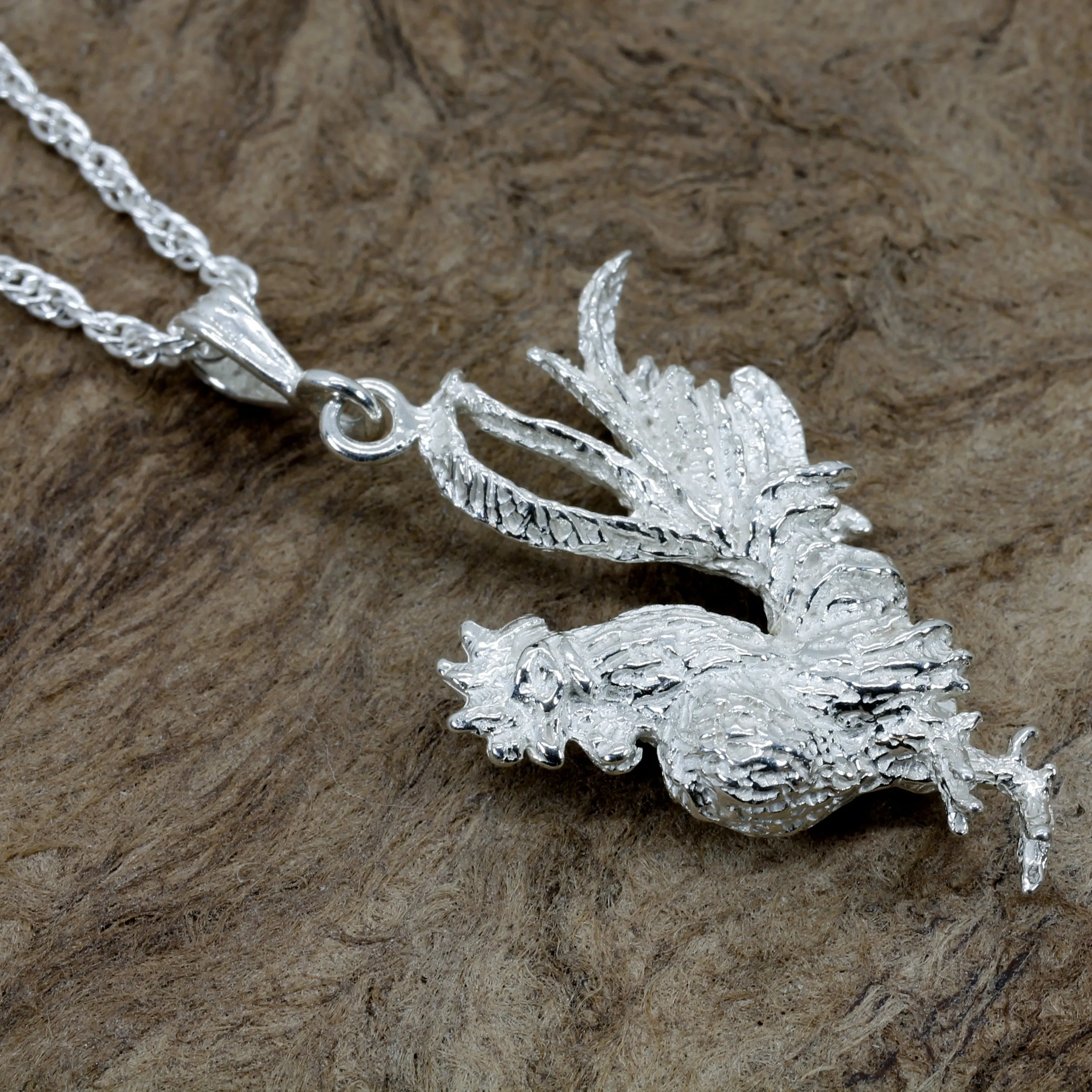 Silver Rooster Necklace with large three dimensional 925 sterling silver rooster