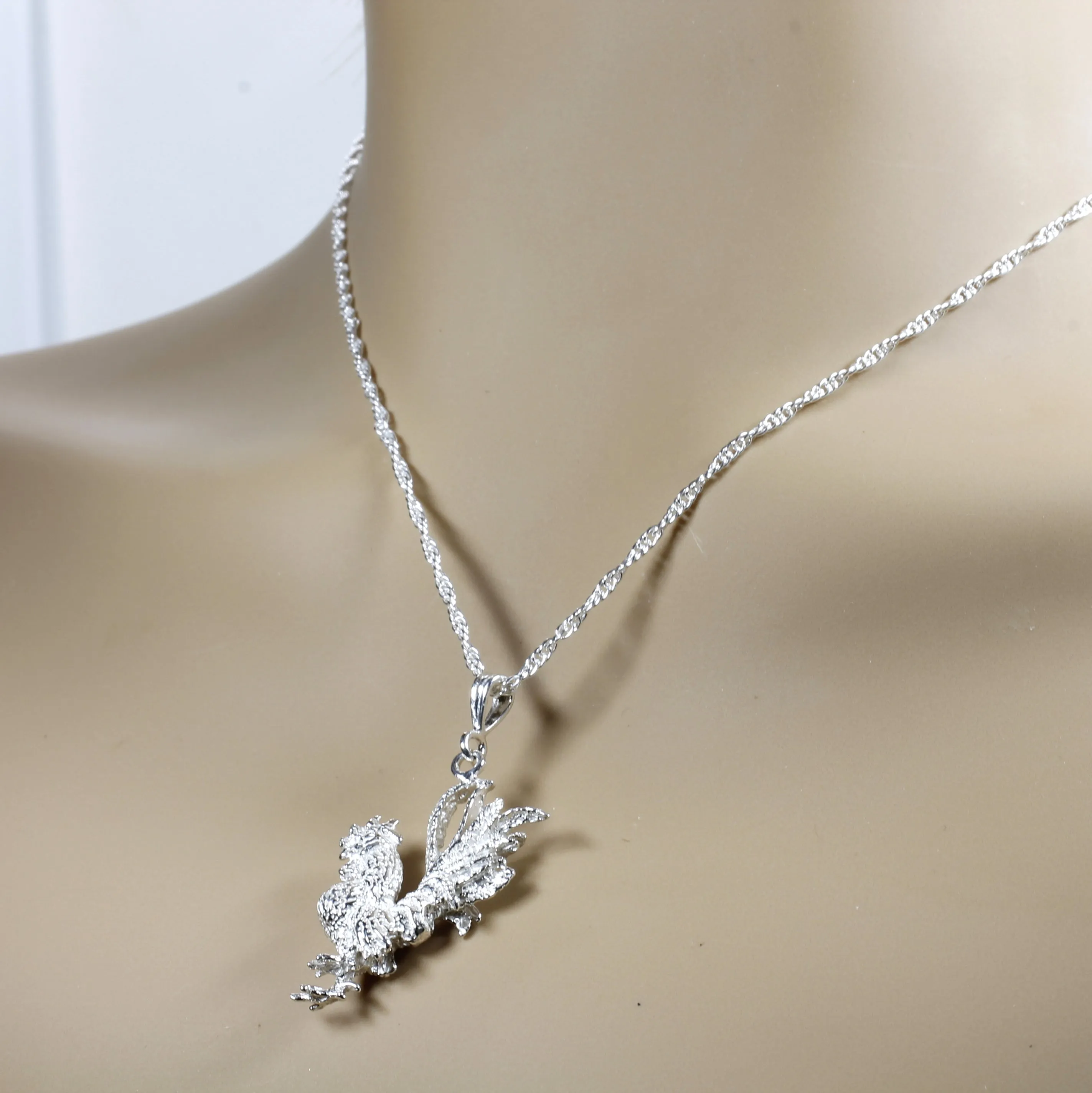 Silver Rooster Necklace with large three dimensional 925 sterling silver rooster