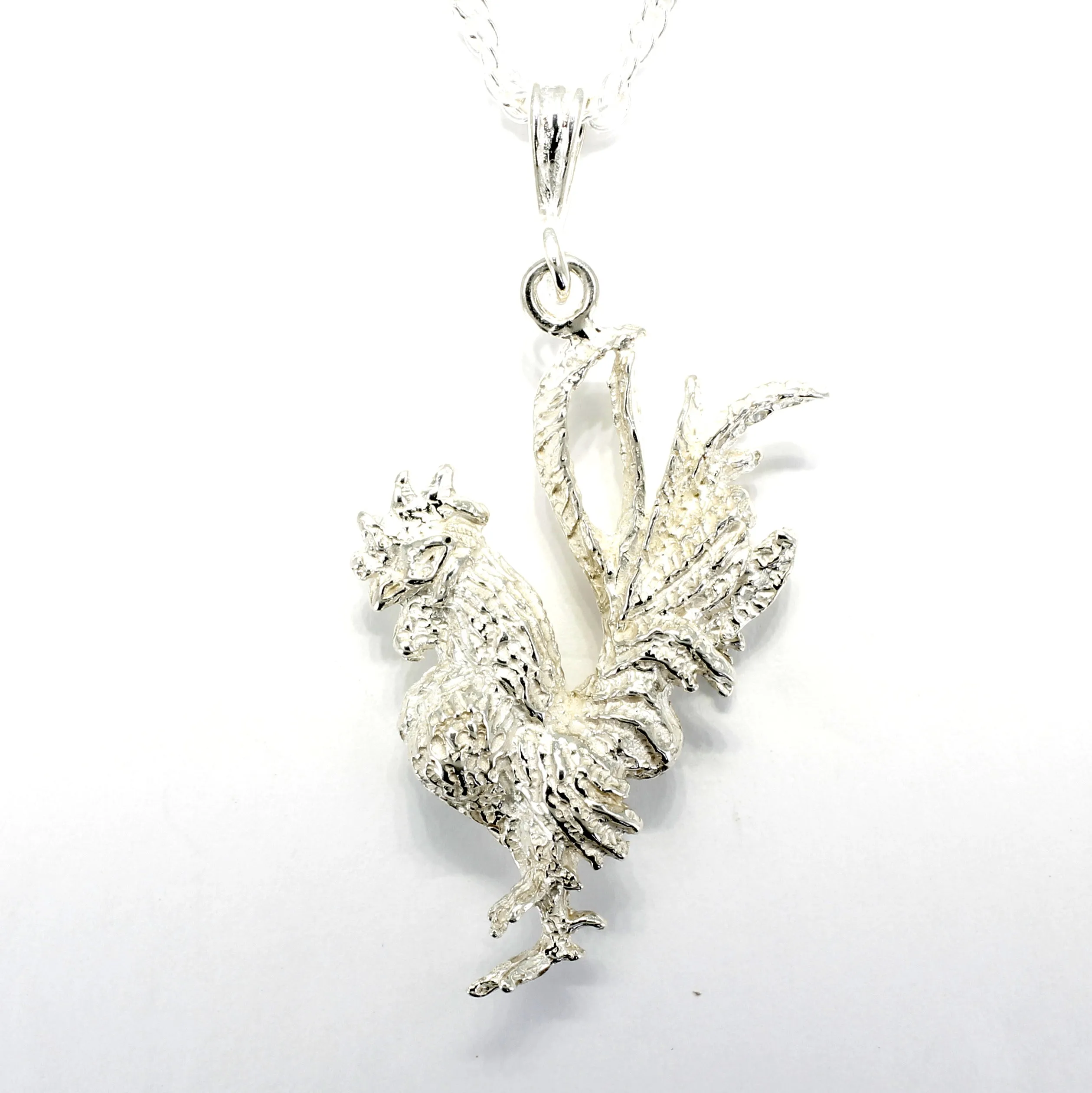 Silver Rooster Necklace with large three dimensional 925 sterling silver rooster