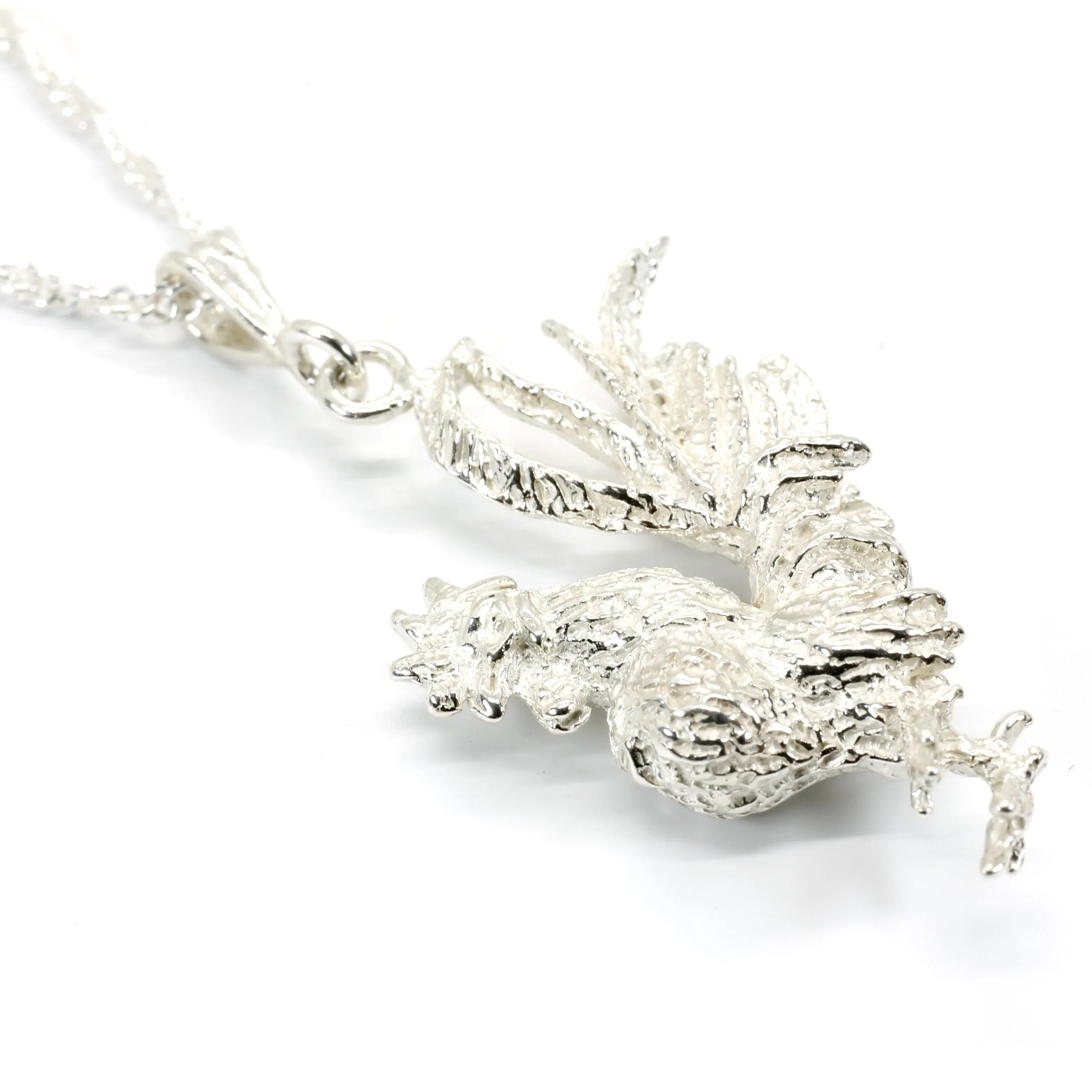 Silver Rooster Necklace with large three dimensional 925 sterling silver rooster