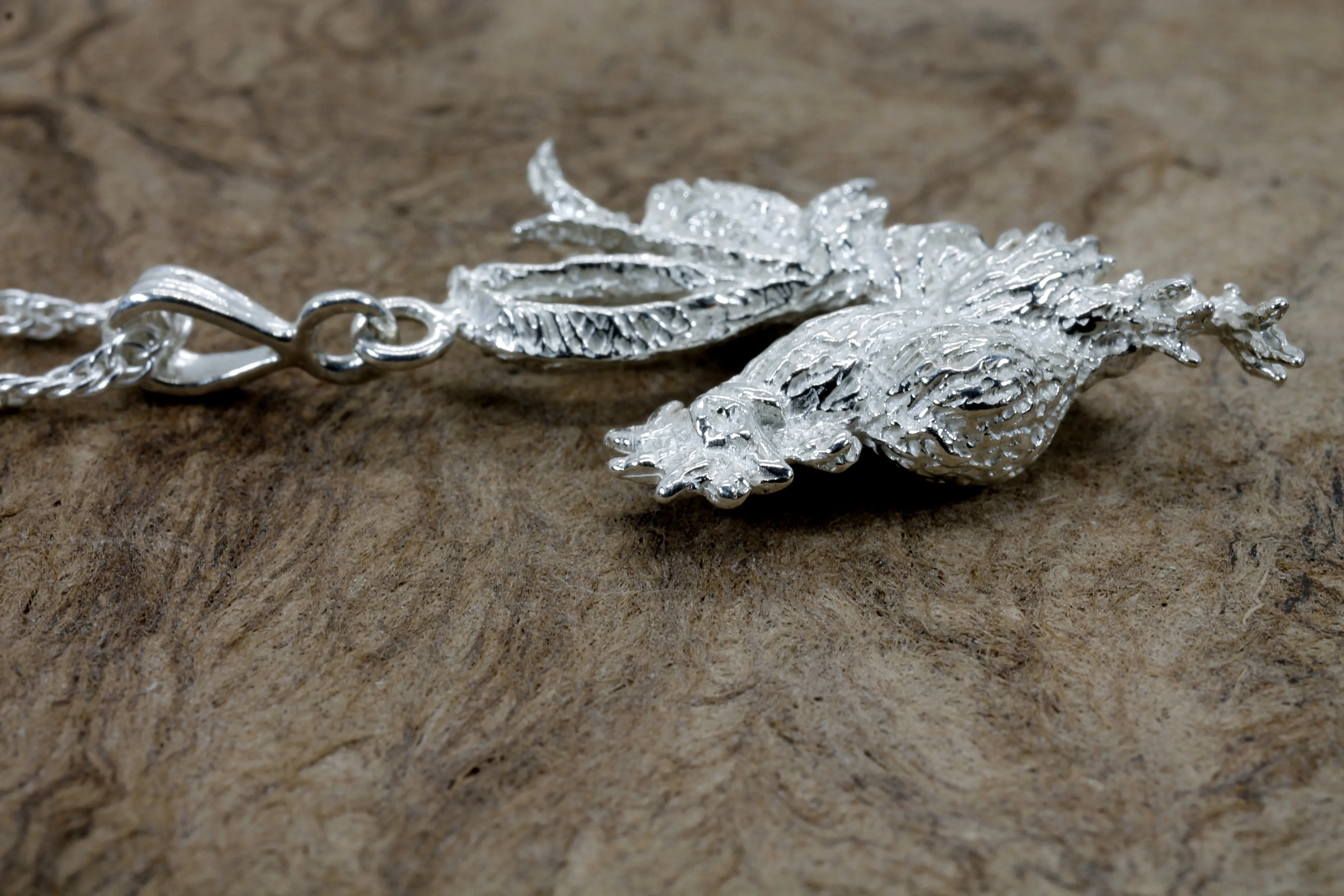 Silver Rooster Necklace with large three dimensional 925 sterling silver rooster