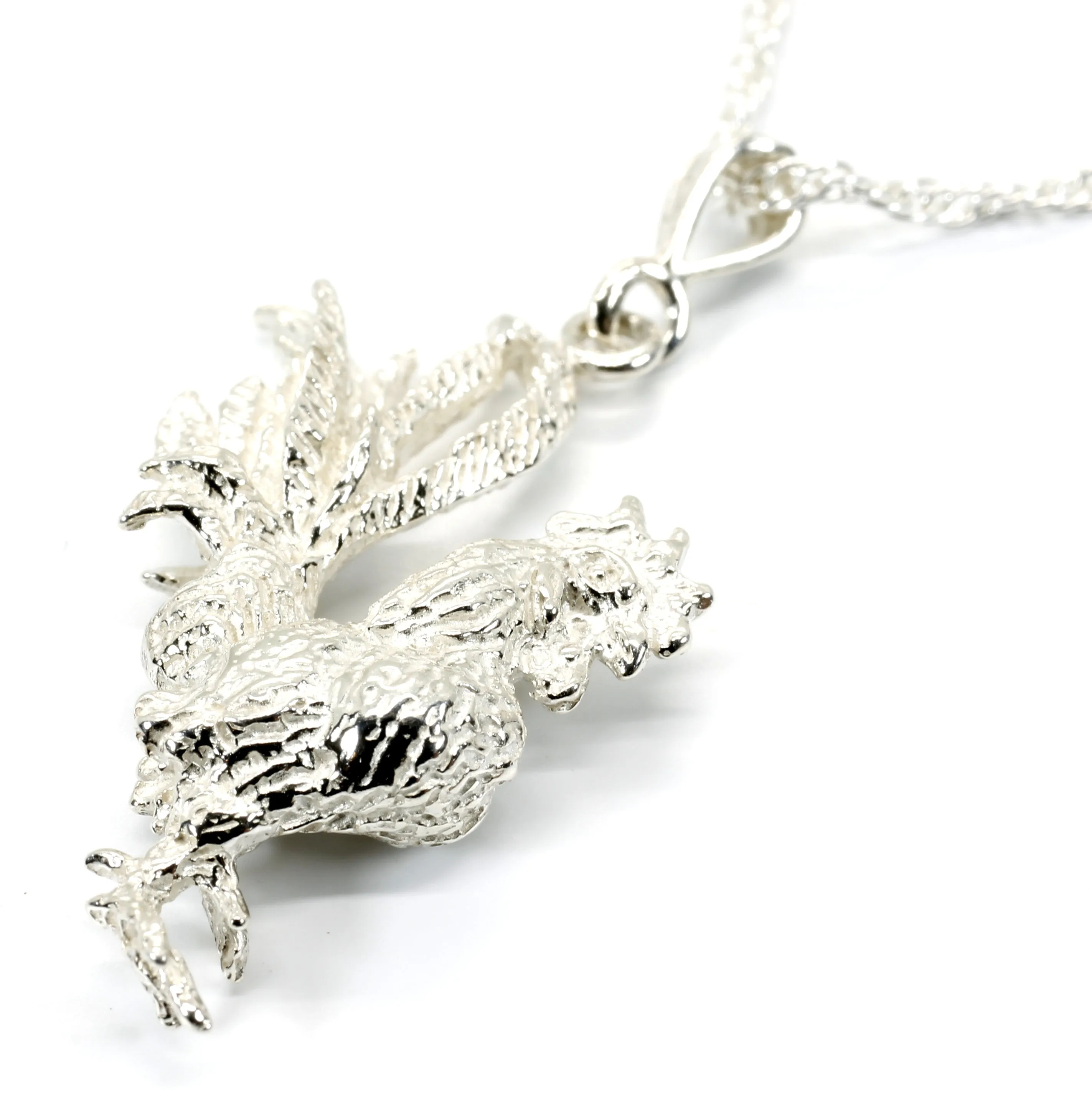 Silver Rooster Necklace with large three dimensional 925 sterling silver rooster