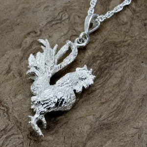 Silver Rooster Necklace with large three dimensional 925 sterling silver rooster
