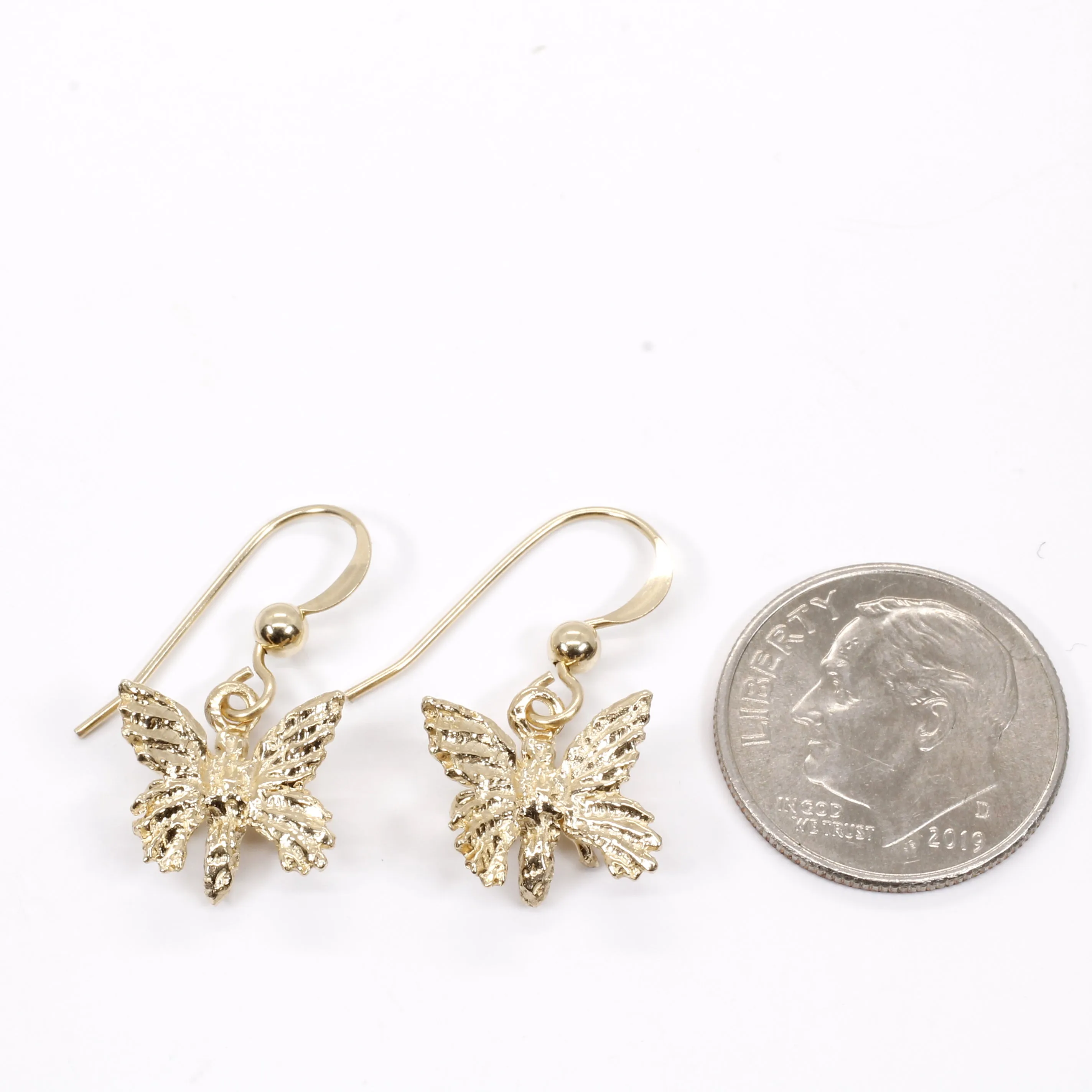 Small 3-D Butterfly Dangle Earrings made in 14kt gold