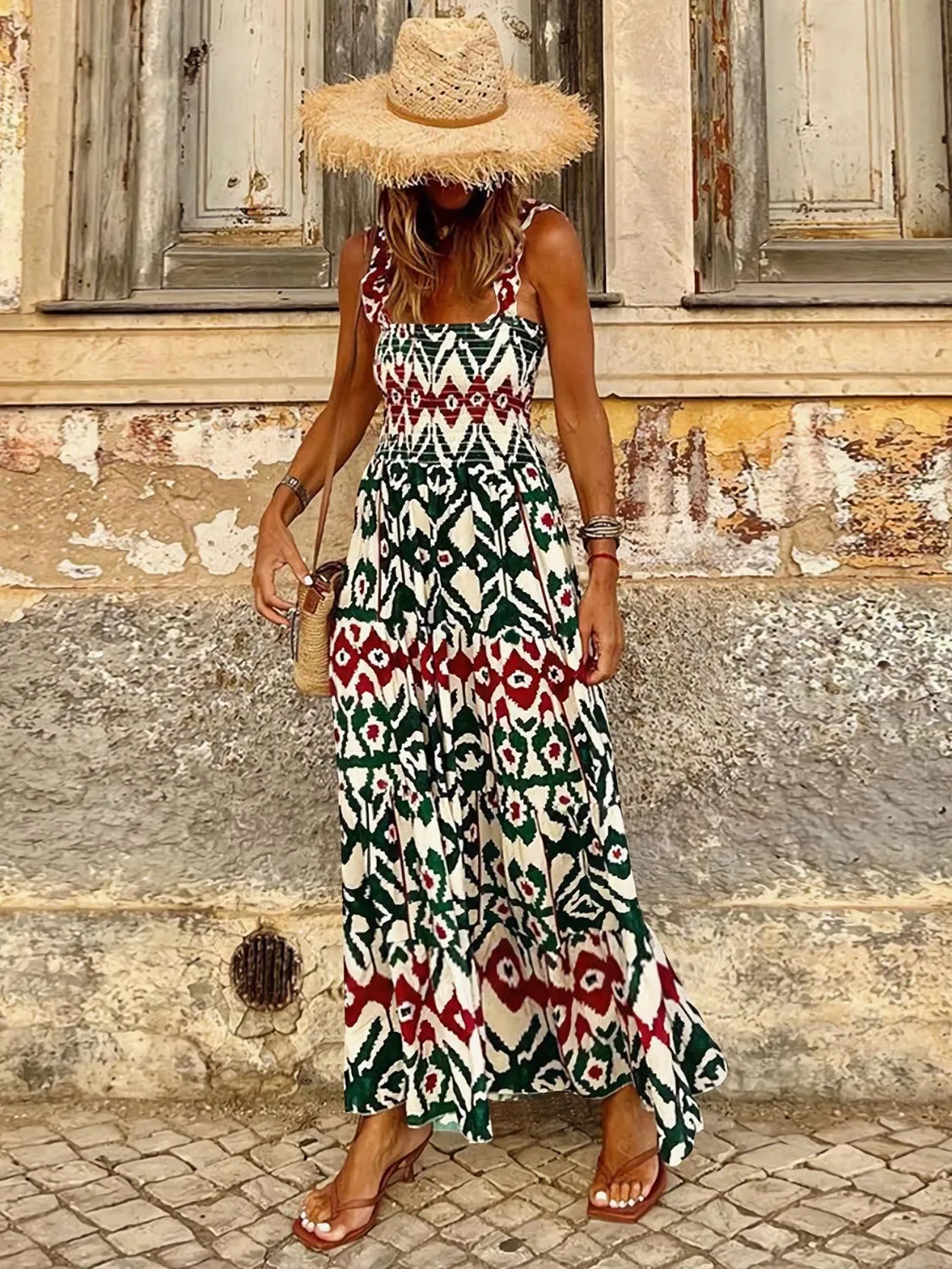 Smocked Printed Square Neck Sleeveless Cami Dress (7 Colors)