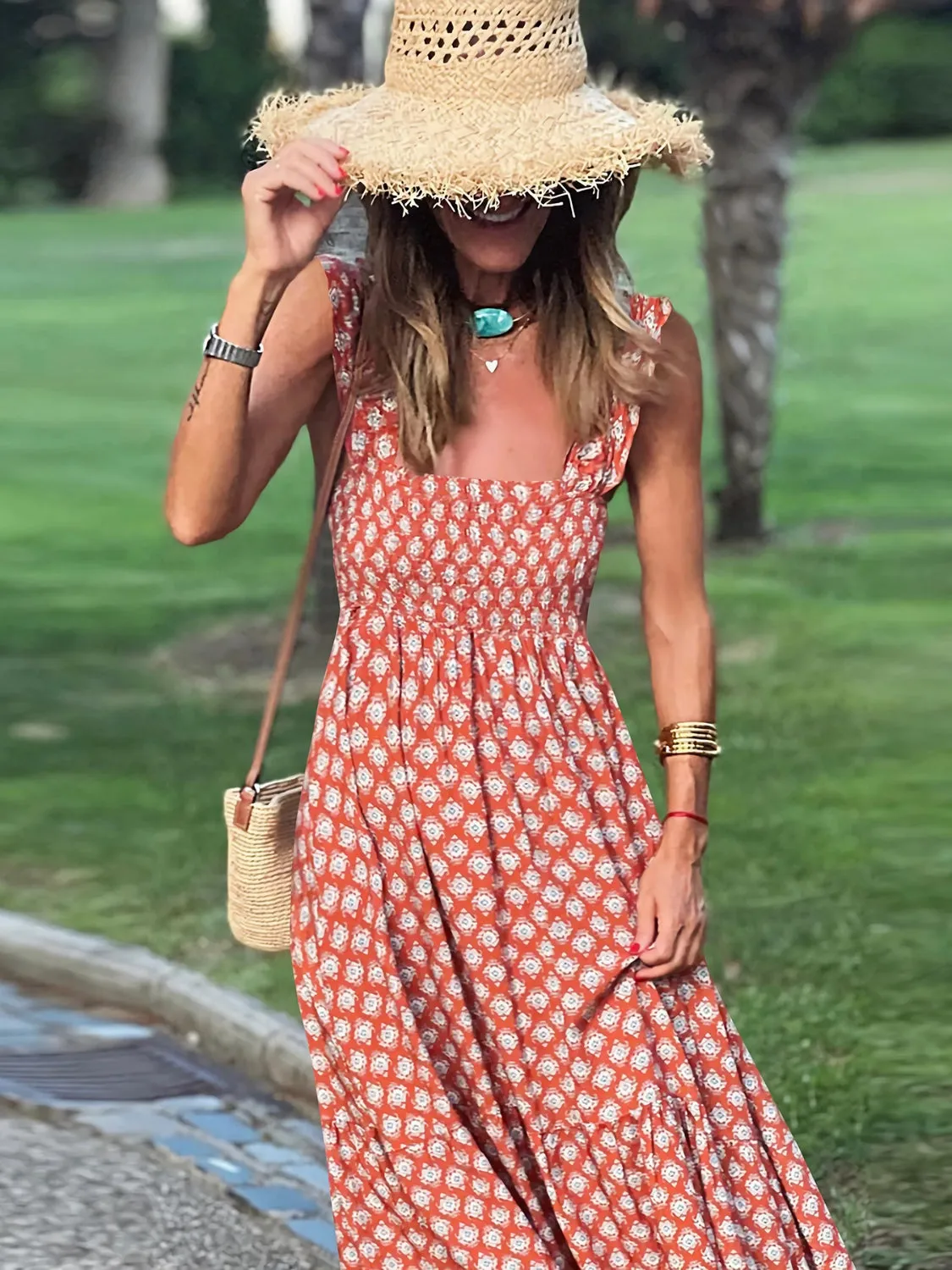 Smocked Printed Square Neck Sleeveless Cami Dress (7 Colors)