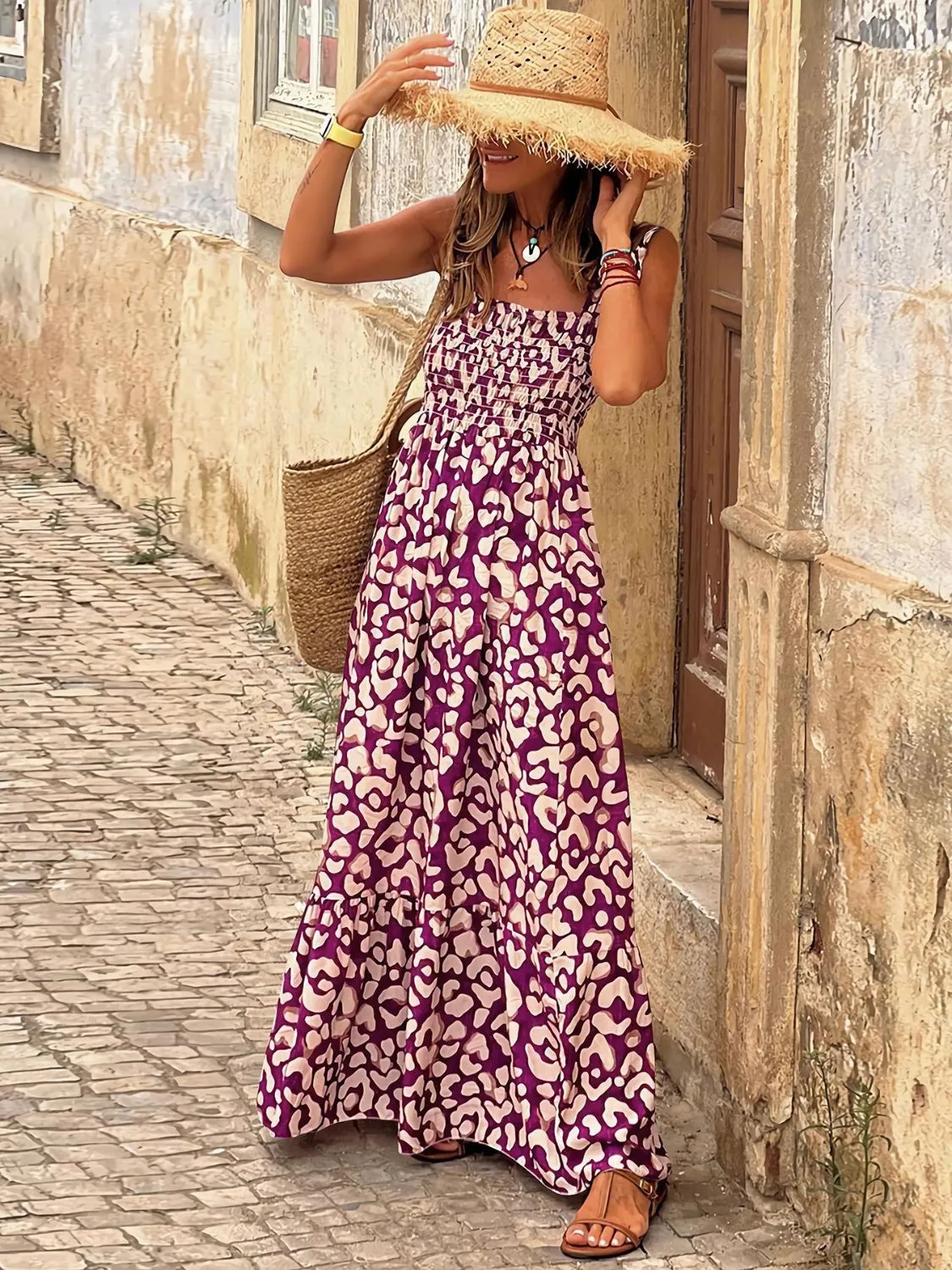 Smocked Printed Square Neck Sleeveless Cami Dress (7 Colors)