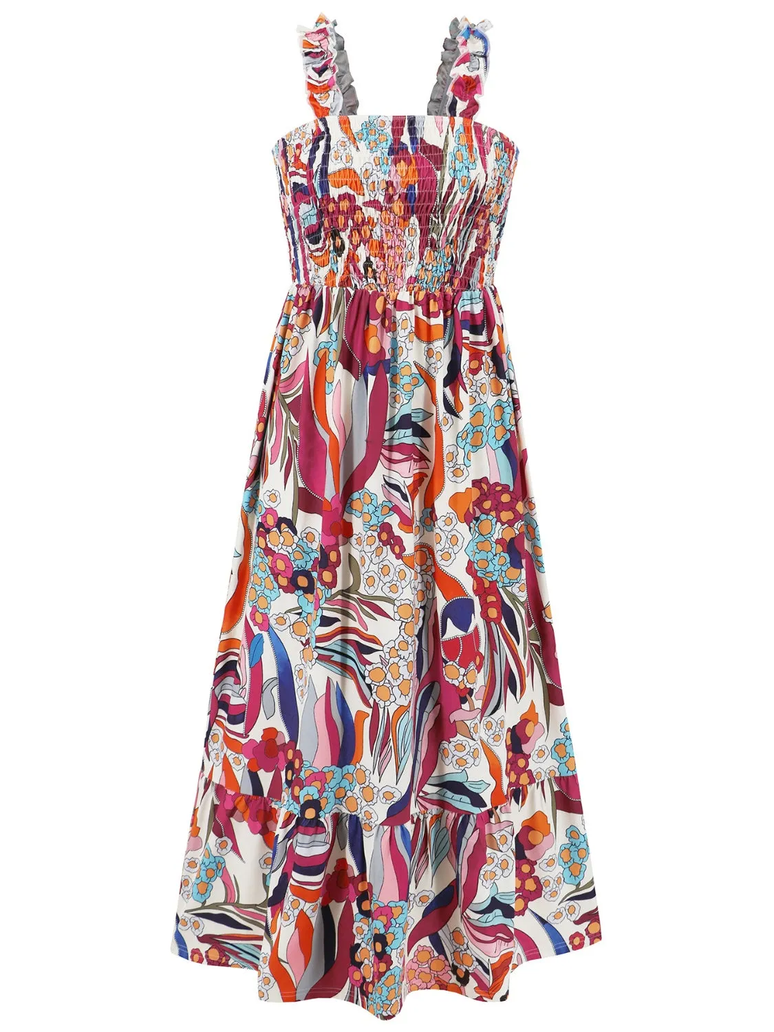 Smocked Printed Square Neck Sleeveless Cami Dress (7 Colors)