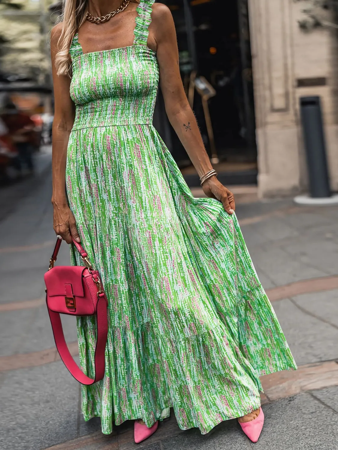 Smocked Printed Square Neck Sleeveless Cami Dress (7 Colors)