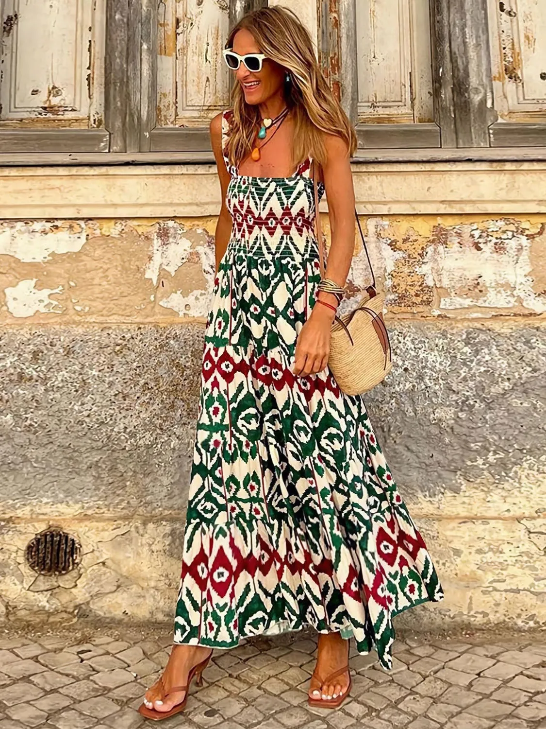 Smocked Printed Square Neck Sleeveless Cami Dress (7 Colors)