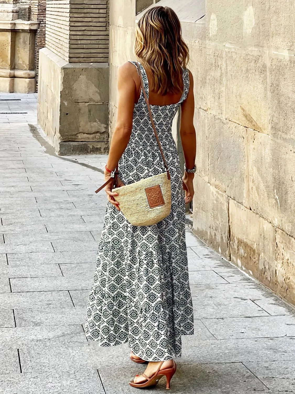 Smocked Printed Square Neck Sleeveless Cami Dress (7 Colors)