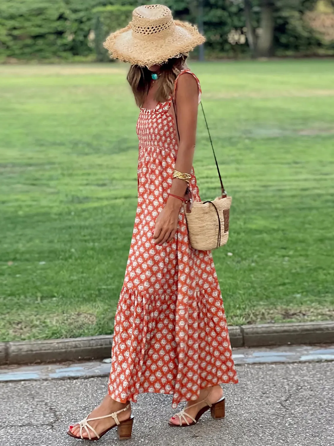 Smocked Printed Square Neck Sleeveless Cami Dress (7 Colors)