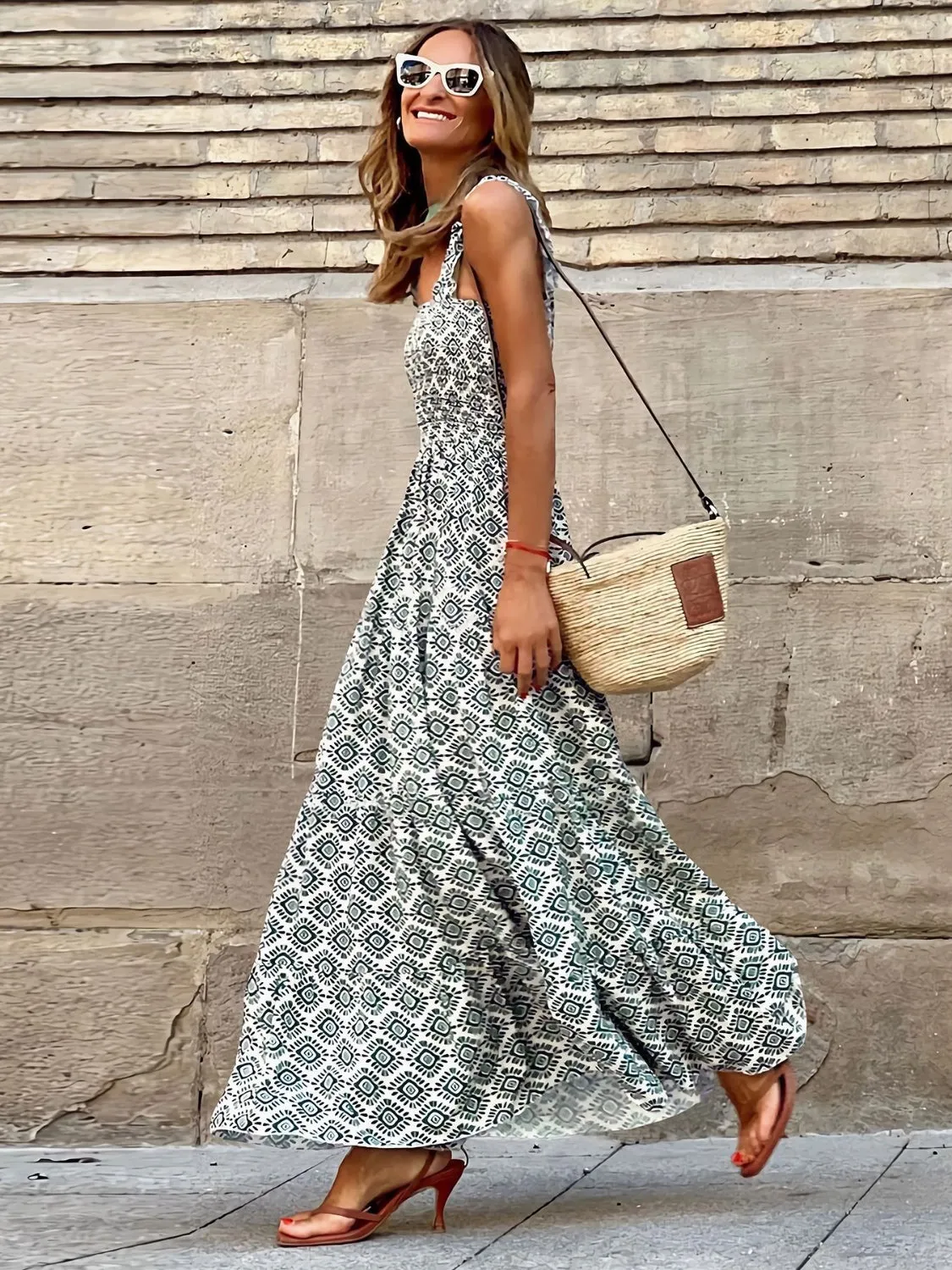 Smocked Printed Square Neck Sleeveless Cami Dress (7 Colors)