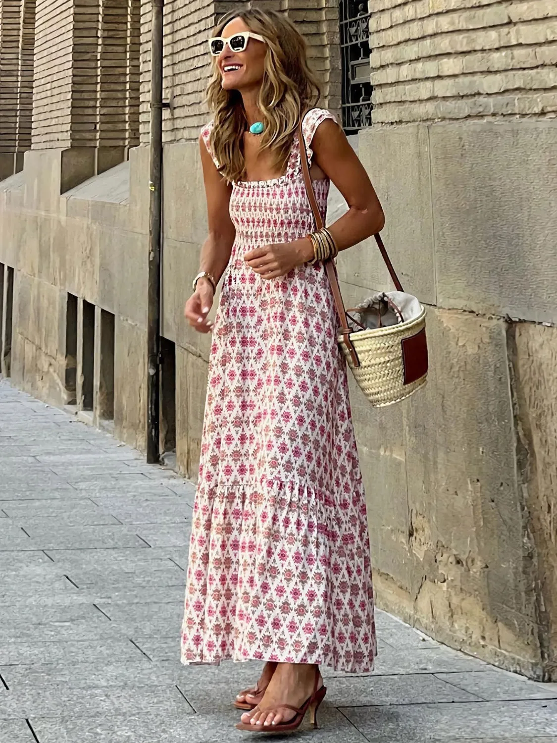 Smocked Printed Square Neck Sleeveless Cami Dress (7 Colors)