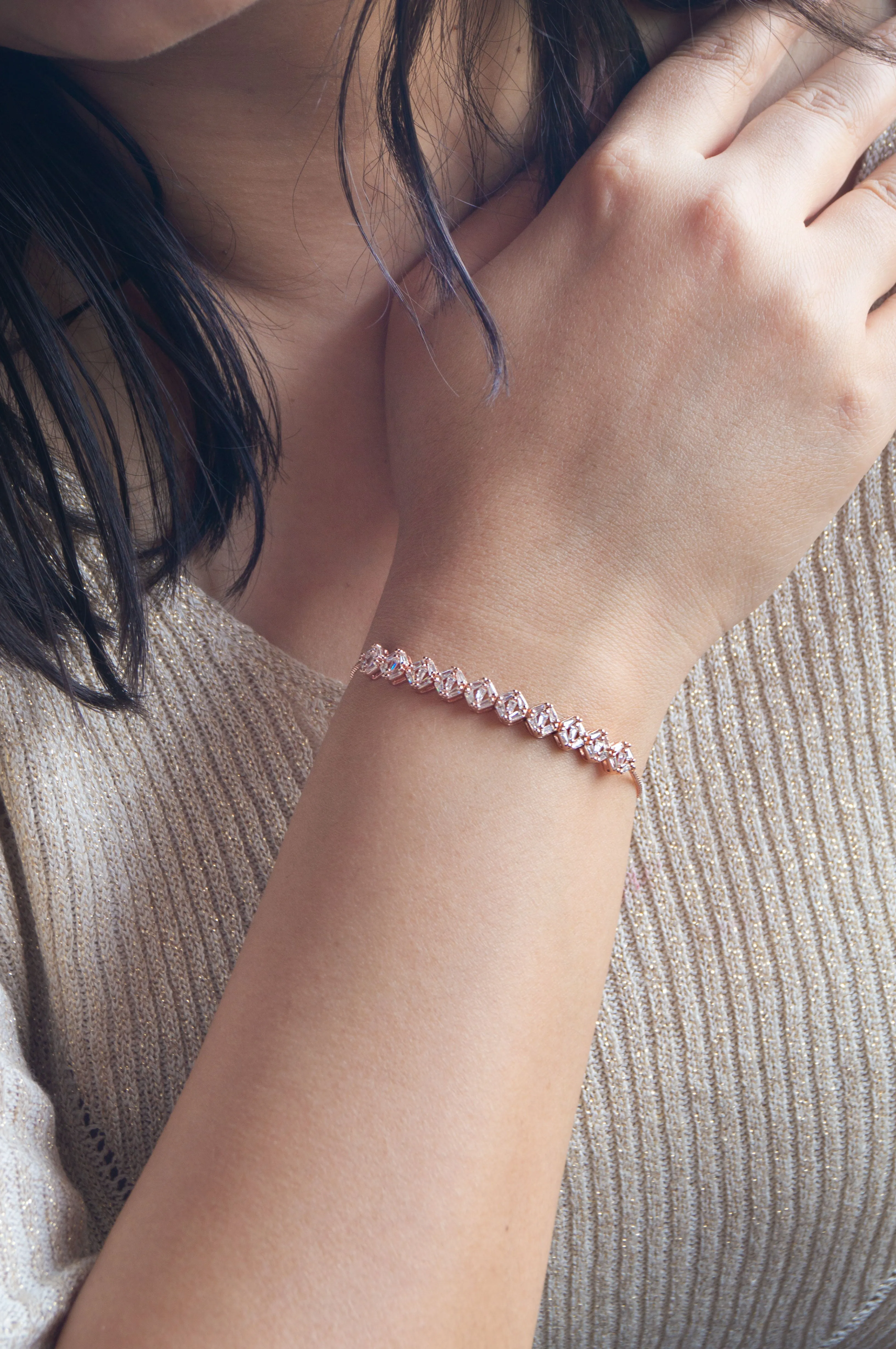 Sparkling Circlets Rose Gold Plated Sterling Silver Adjustable Bracelet