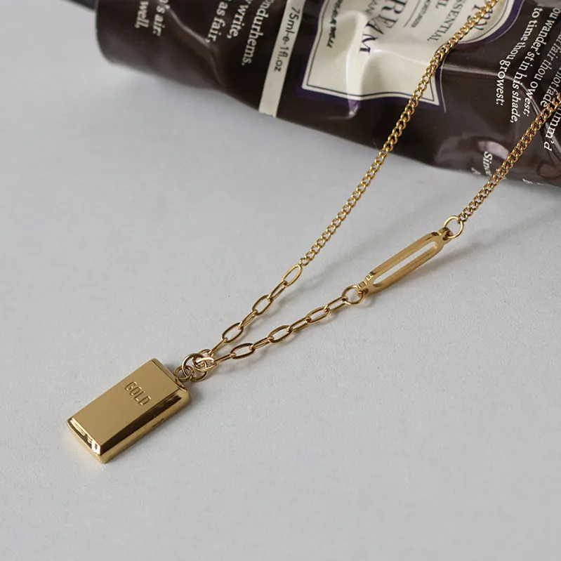 Stainless Steel Dainty 18k Gold Plated Gold Nugget Square 3d Bar Pendant Choker Necklace for Women