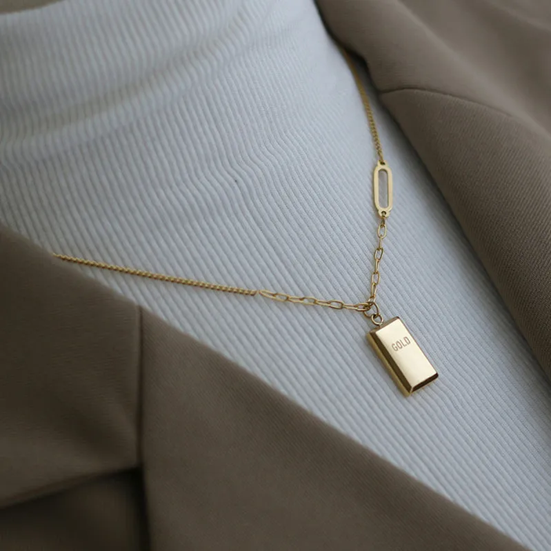 Stainless Steel Dainty 18k Gold Plated Gold Nugget Square 3d Bar Pendant Choker Necklace for Women