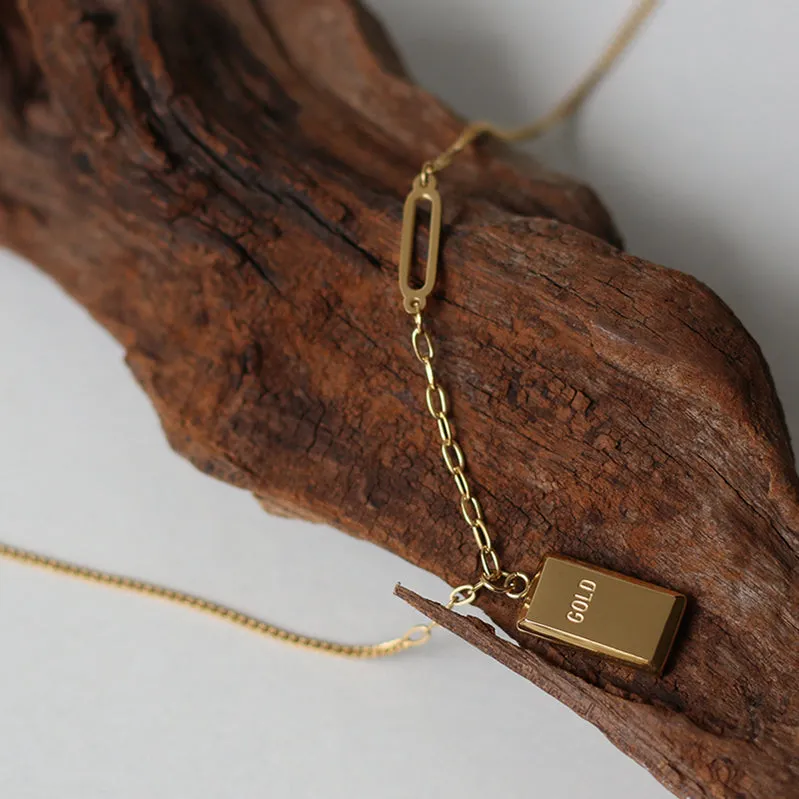 Stainless Steel Dainty 18k Gold Plated Gold Nugget Square 3d Bar Pendant Choker Necklace for Women