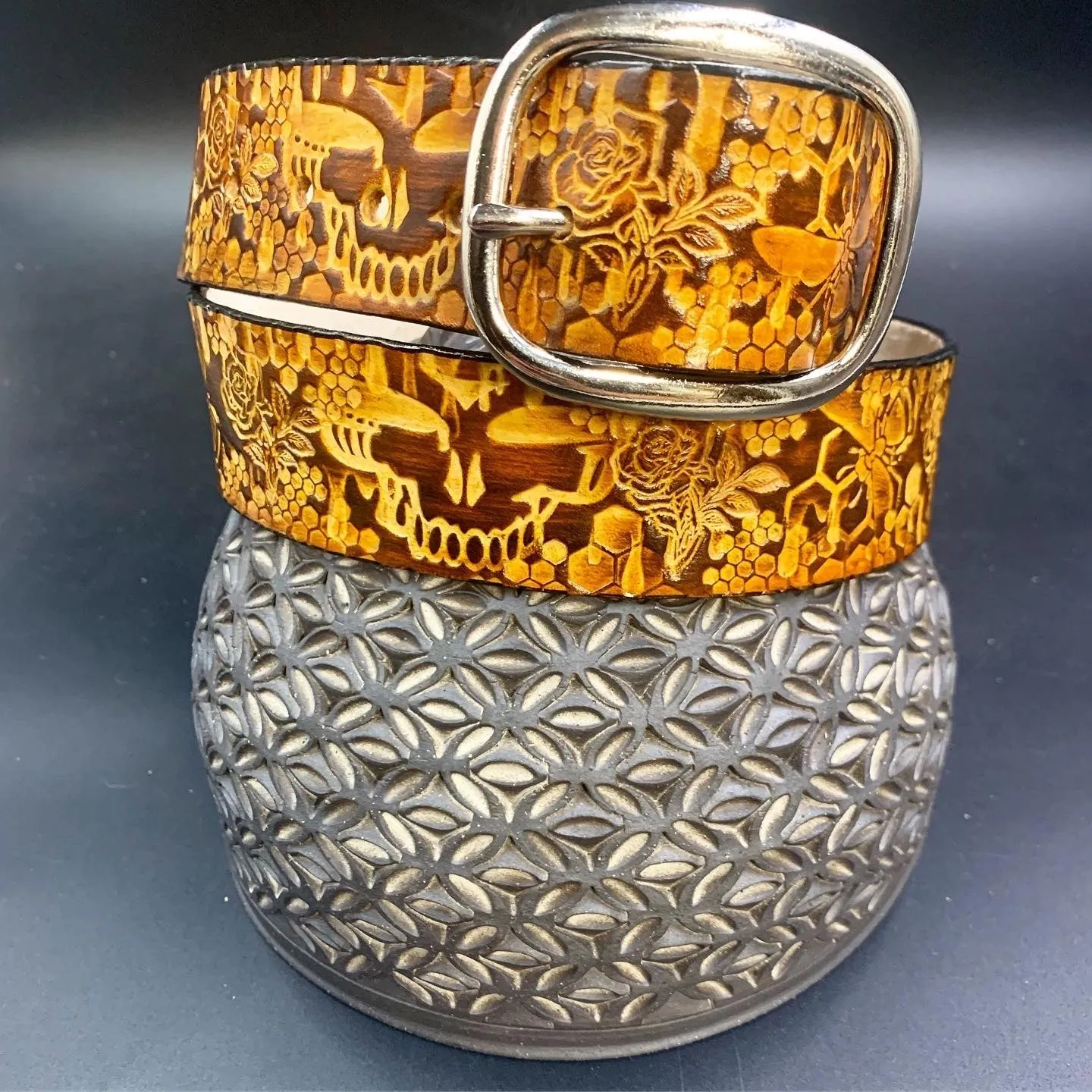 Stamped Leather Belt - Grateful Bees