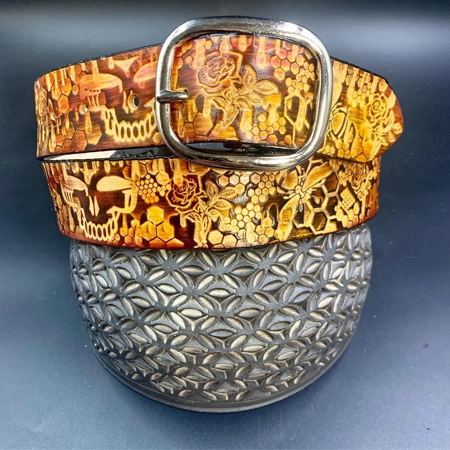 Stamped Leather Belt - Grateful Bees