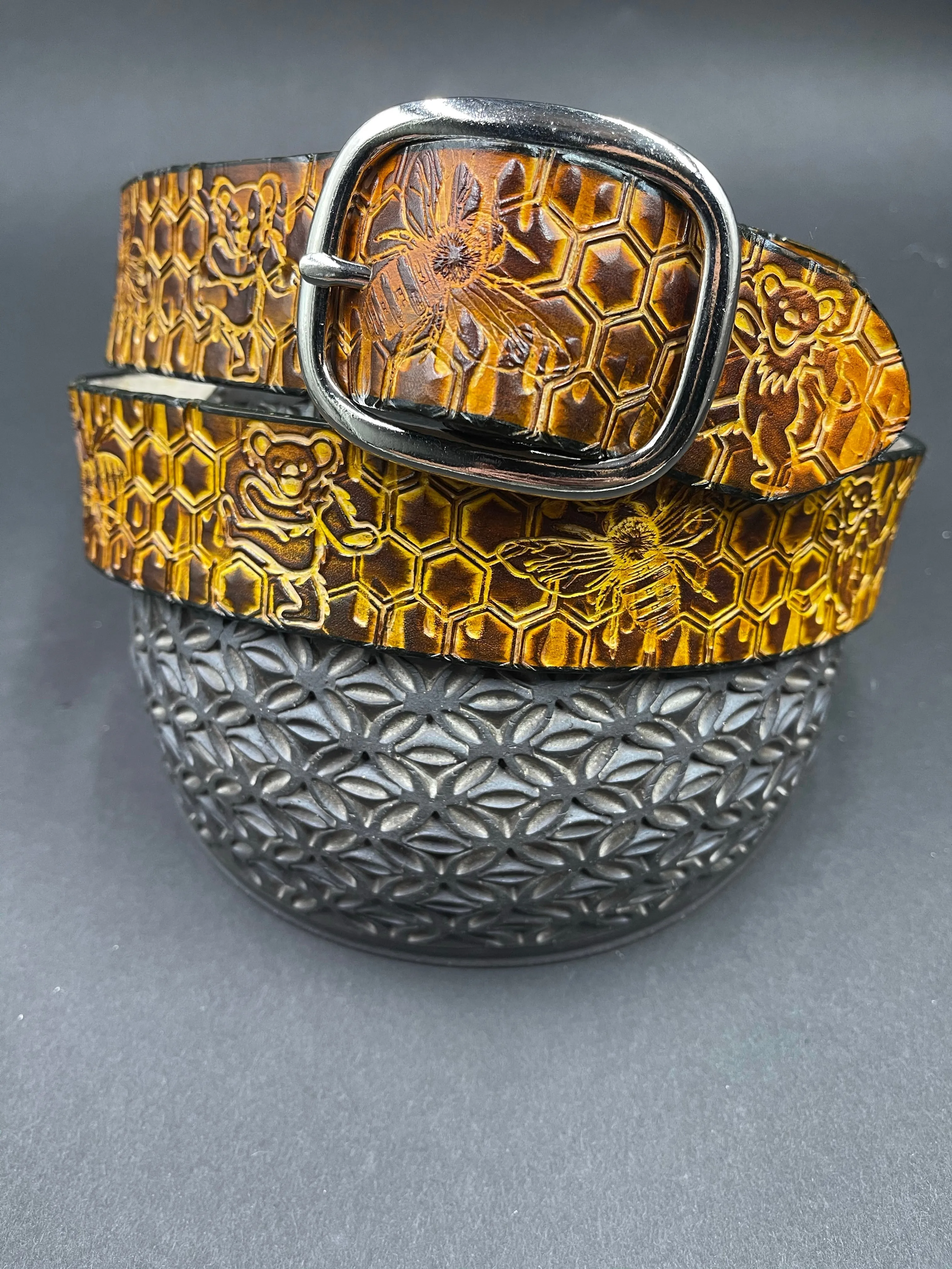 Stamped Leather Belt - Grateful Bees
