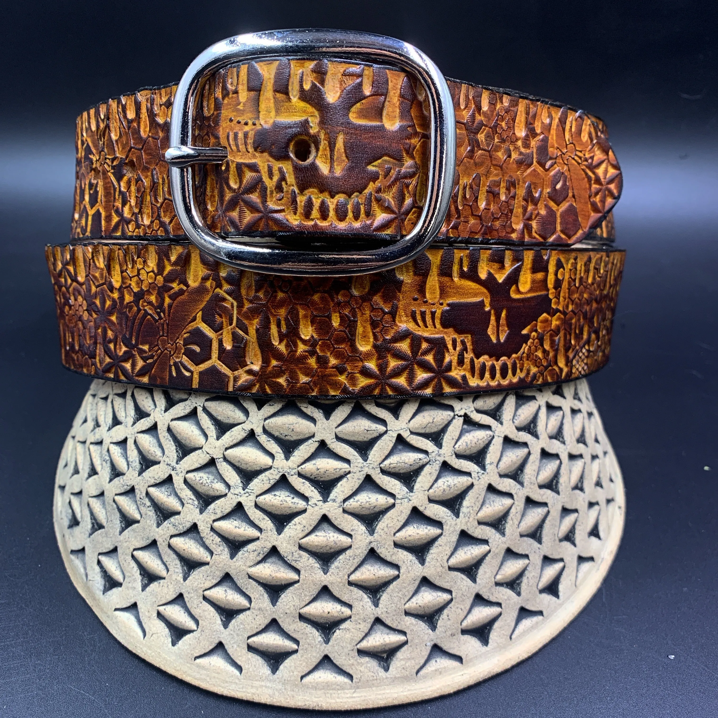 Stamped Leather Belt - Grateful Bees