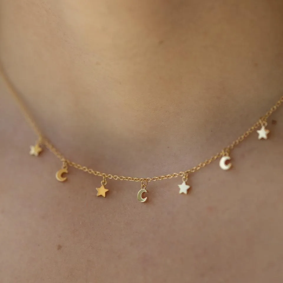 Star & Moon Choker Necklace in Gold
