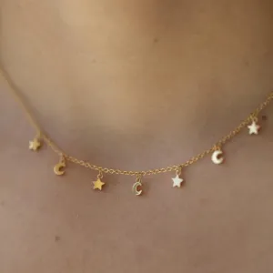 Star & Moon Choker Necklace in Gold