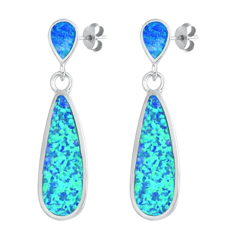 Sterling Silver Teardrop Dangle Statement Bold Earrings Blue Synthetic Opal 925