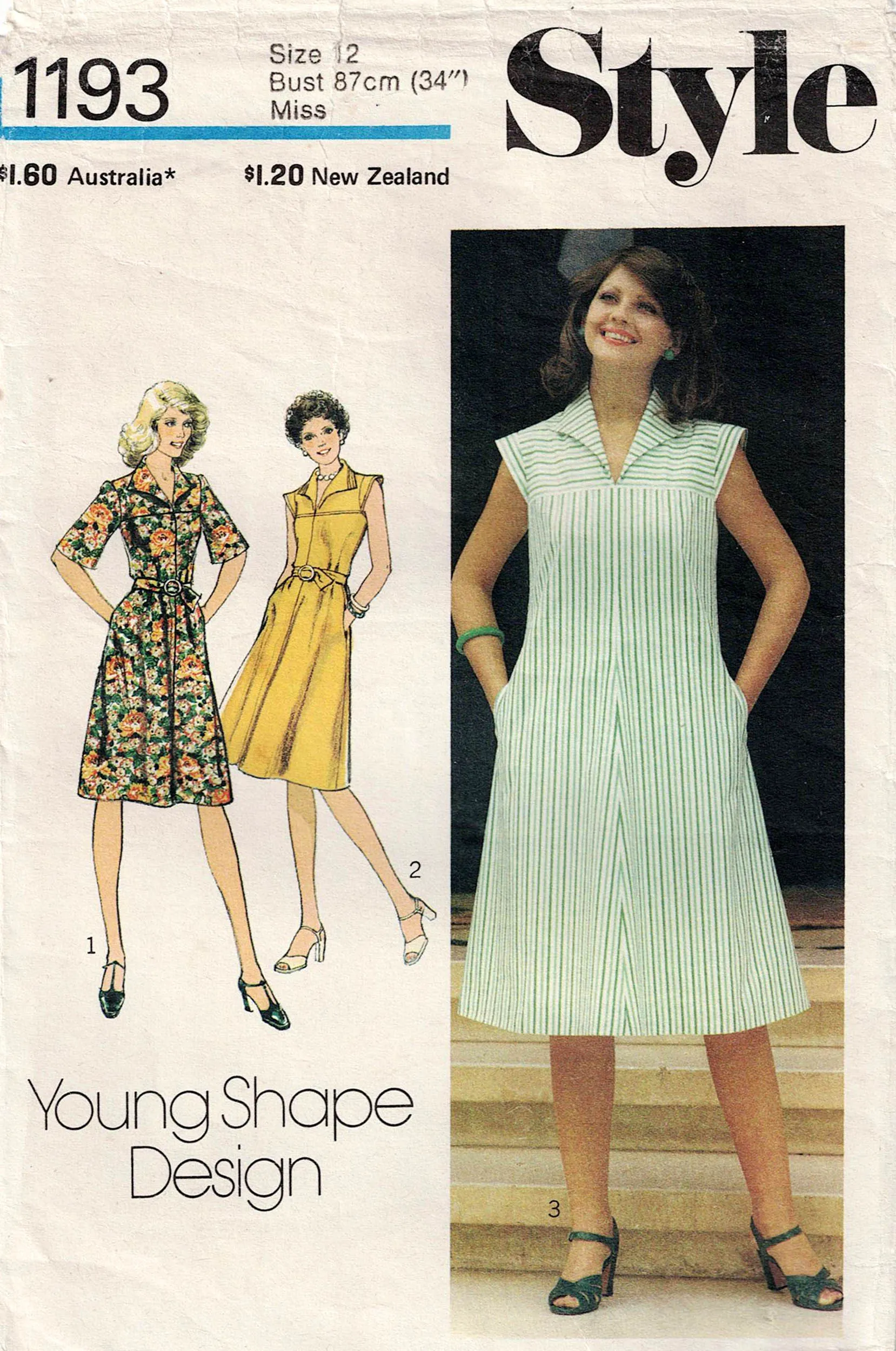 Style 1193 Womens Yoked Dress with Pockets 1970s Vintage Sewing Pattern Size 12 Bust 34 inches