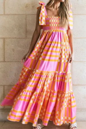 SYNZ Color Block Patchwork Tie Shoulder Dress