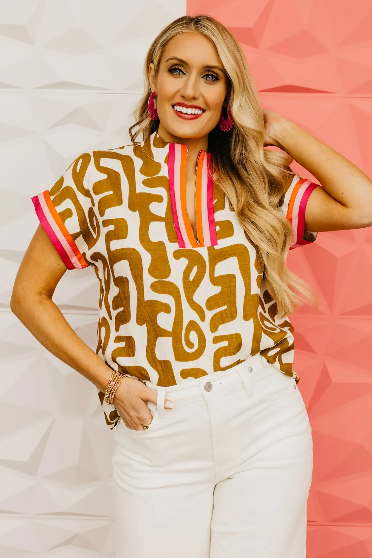 The Antonio Zip Up Printed Woven Top