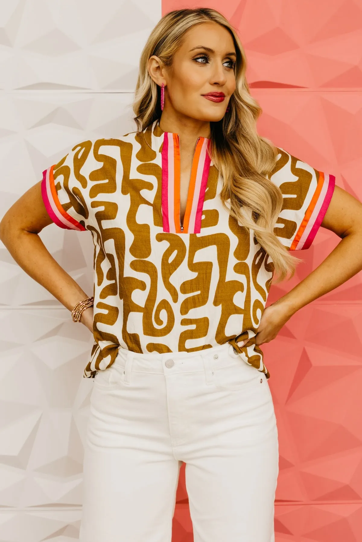 The Antonio Zip Up Printed Woven Top
