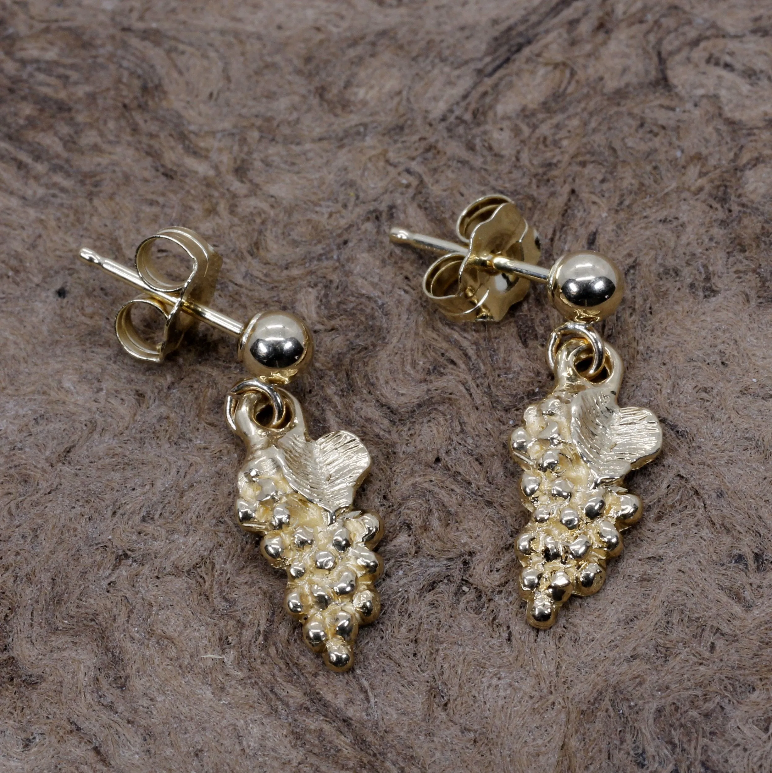 Tiny 14kt. Gold Grape Cluster with leaf dangle earrings on ball posts.