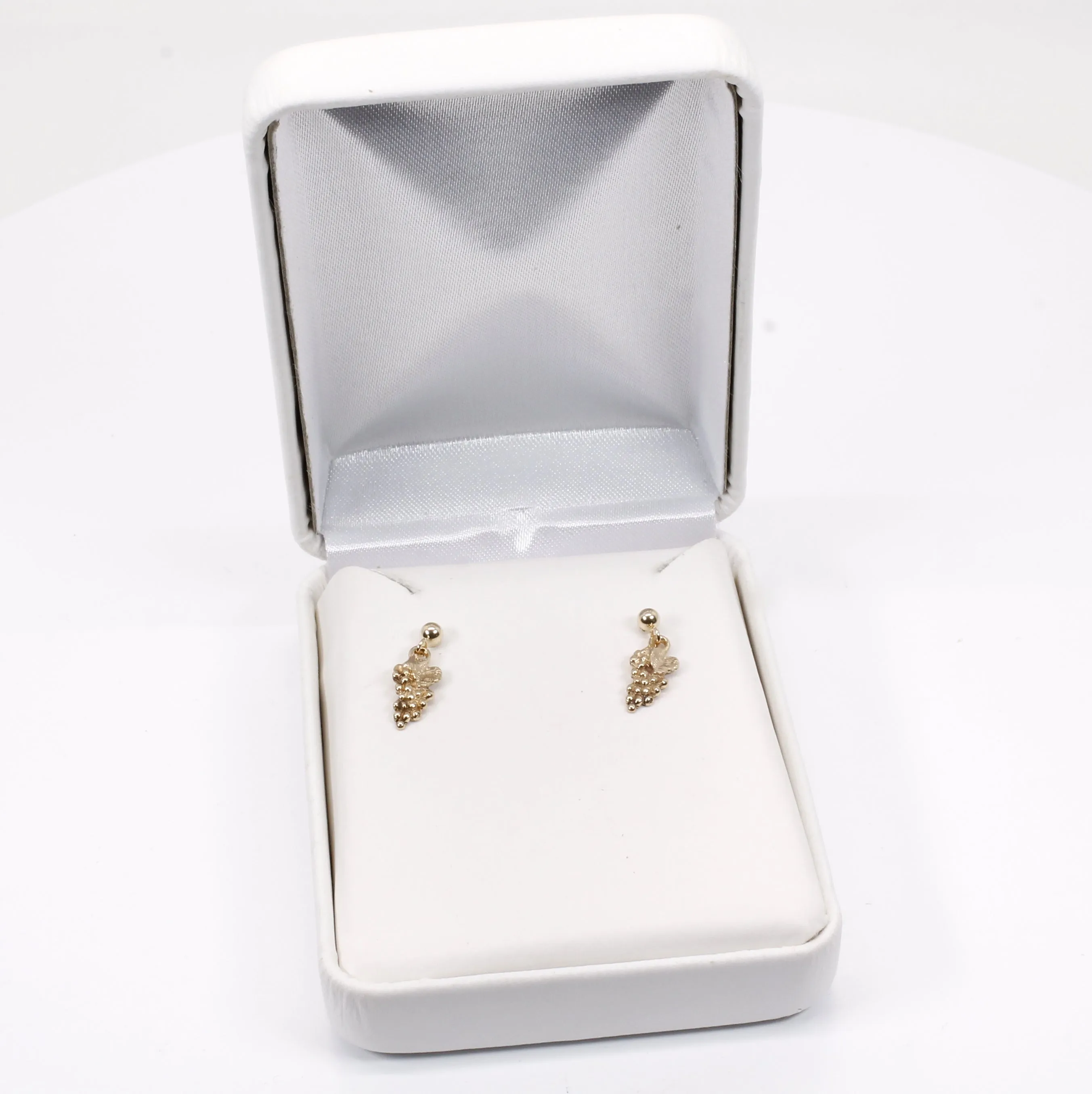 Tiny 14kt. Gold Grape Cluster with leaf dangle earrings on ball posts.